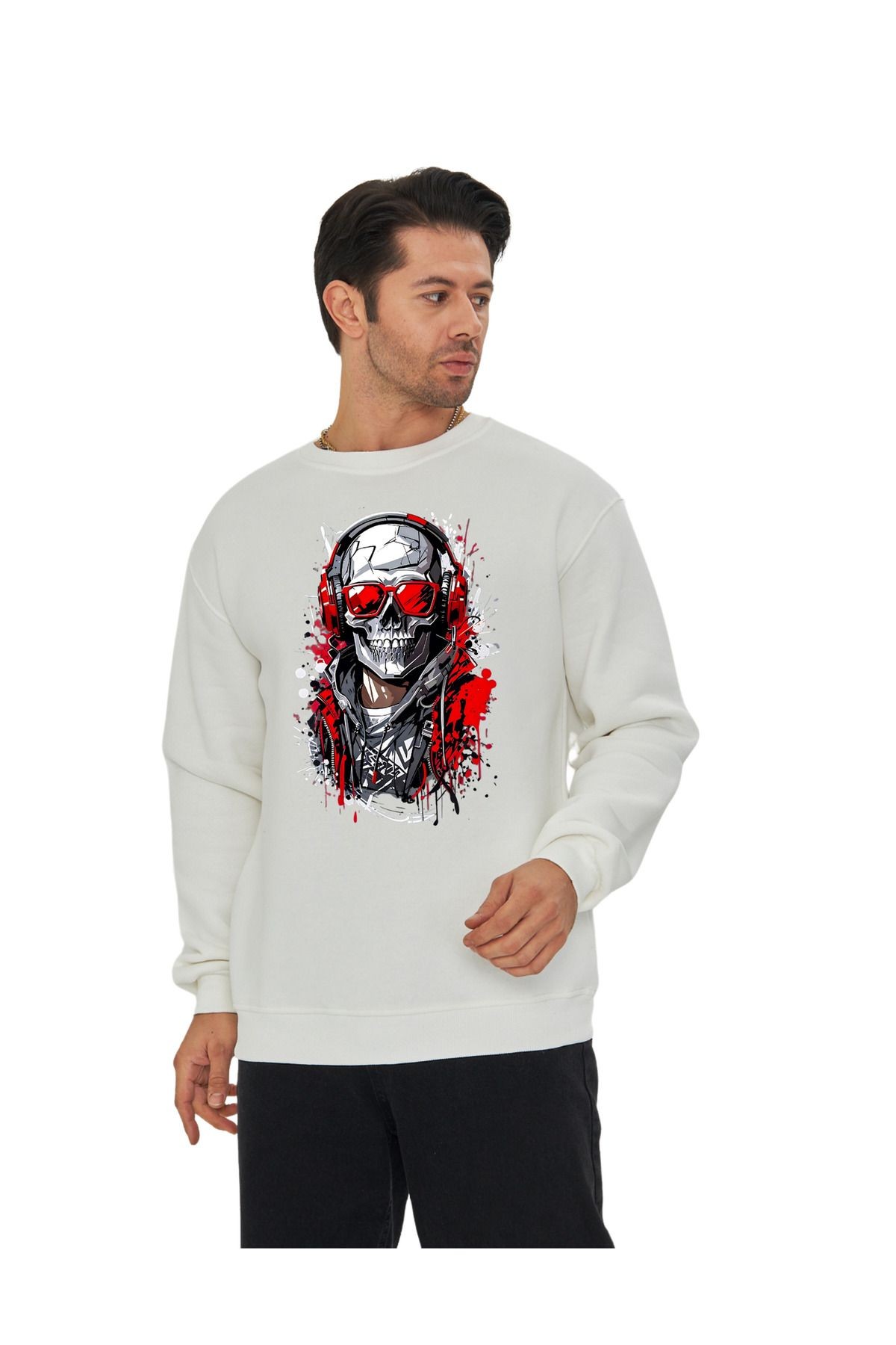 DTF Digital Baskılı 3 İplik Şardonlu Oversize Sweatshirt - Kırmızı Kuru Kafa Temalı image
