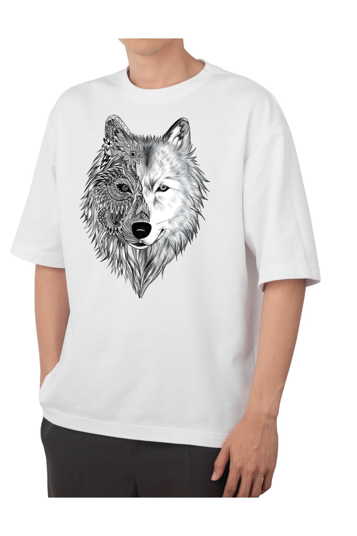 - %100 Pamuklu Unisex Oversize Tişört - Kurt Dizayn