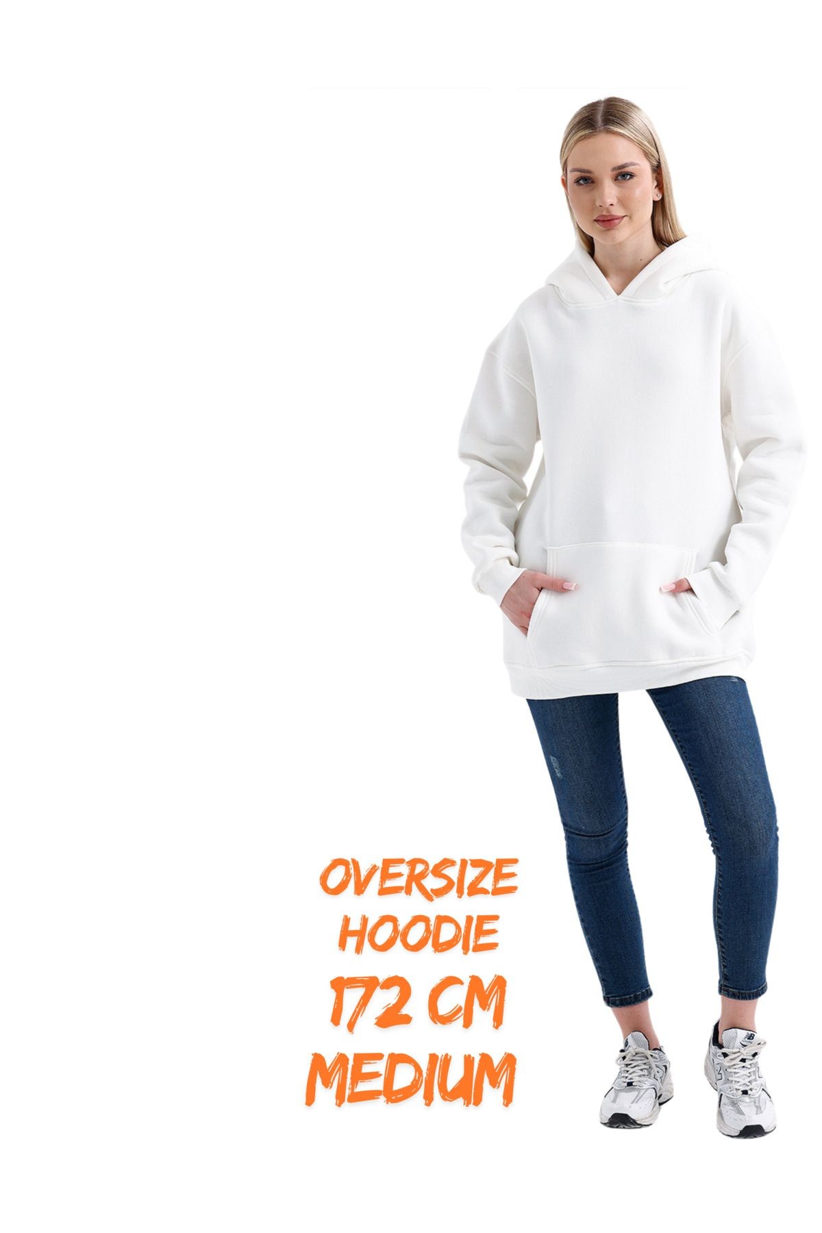 3 Iplik Şardonlu Kapşonlu Ve Kanguru Cepli Sweatshirt Düz Hoodie Beyaz