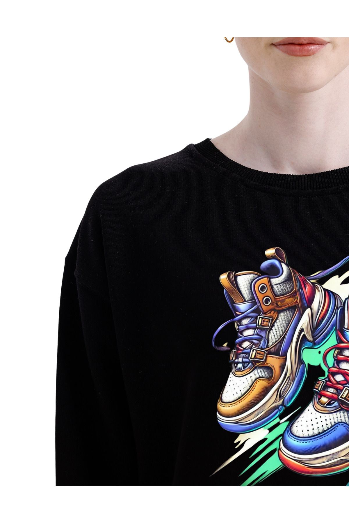 -dtf Baskılı 3 Iplik Şardonsuz Sweatshirt - Ayakkabı Temalı