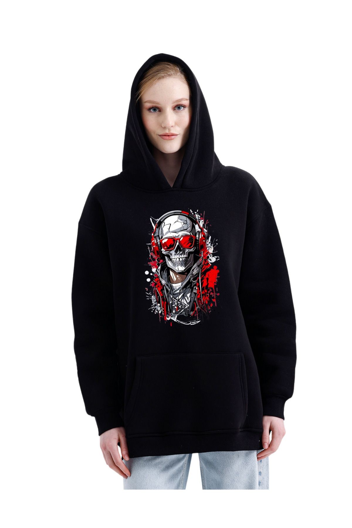 Digital Baskılı  3 İplik Şardonlu Kapşonlu ve Kanguru Cepli Sweatshirt "İskelet Hoodie" (pXm)