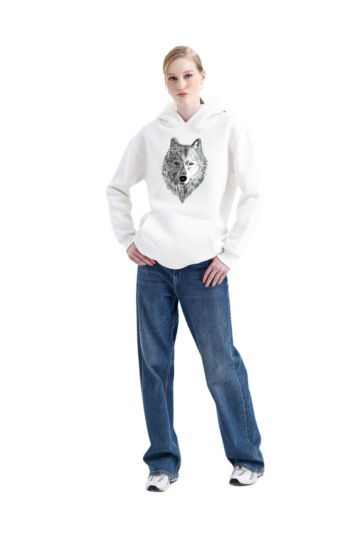 Digital Baskılı  3 İplik Şardonlu Kapşonlu ve Kanguru Cepli Sweatshirt "Kurt Hoodie" (pXm) image