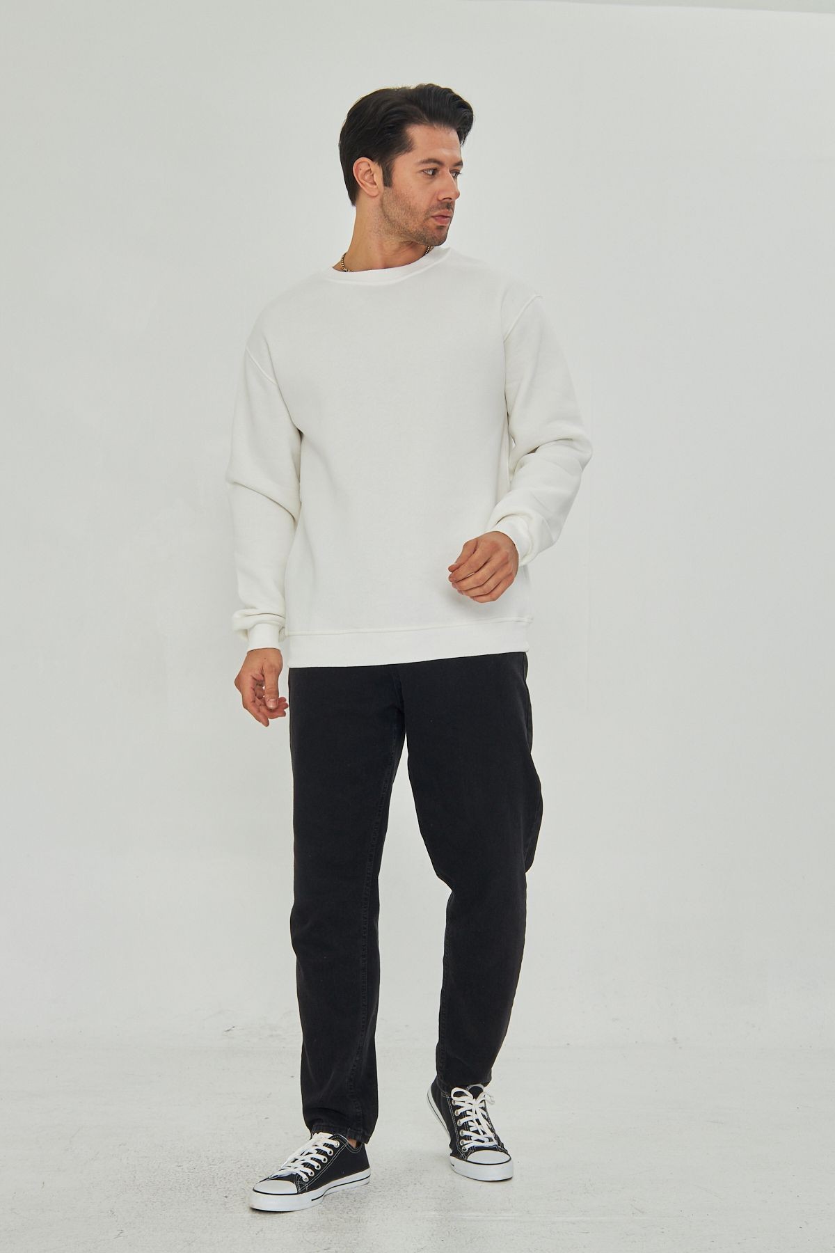 Dtf Digital Baskılı 3 Iplik Şardonlu Oversize Düz Desen Sweatshirt Beyaz image