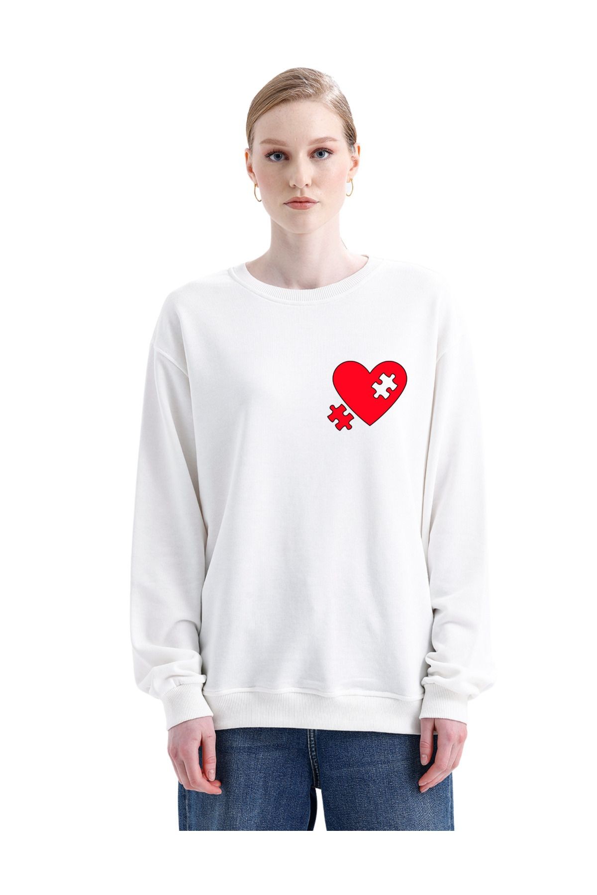 Digital Baskılı 3 İplik Şardonsuz Sweatshirt - Yapboz Kalp (pXm) image