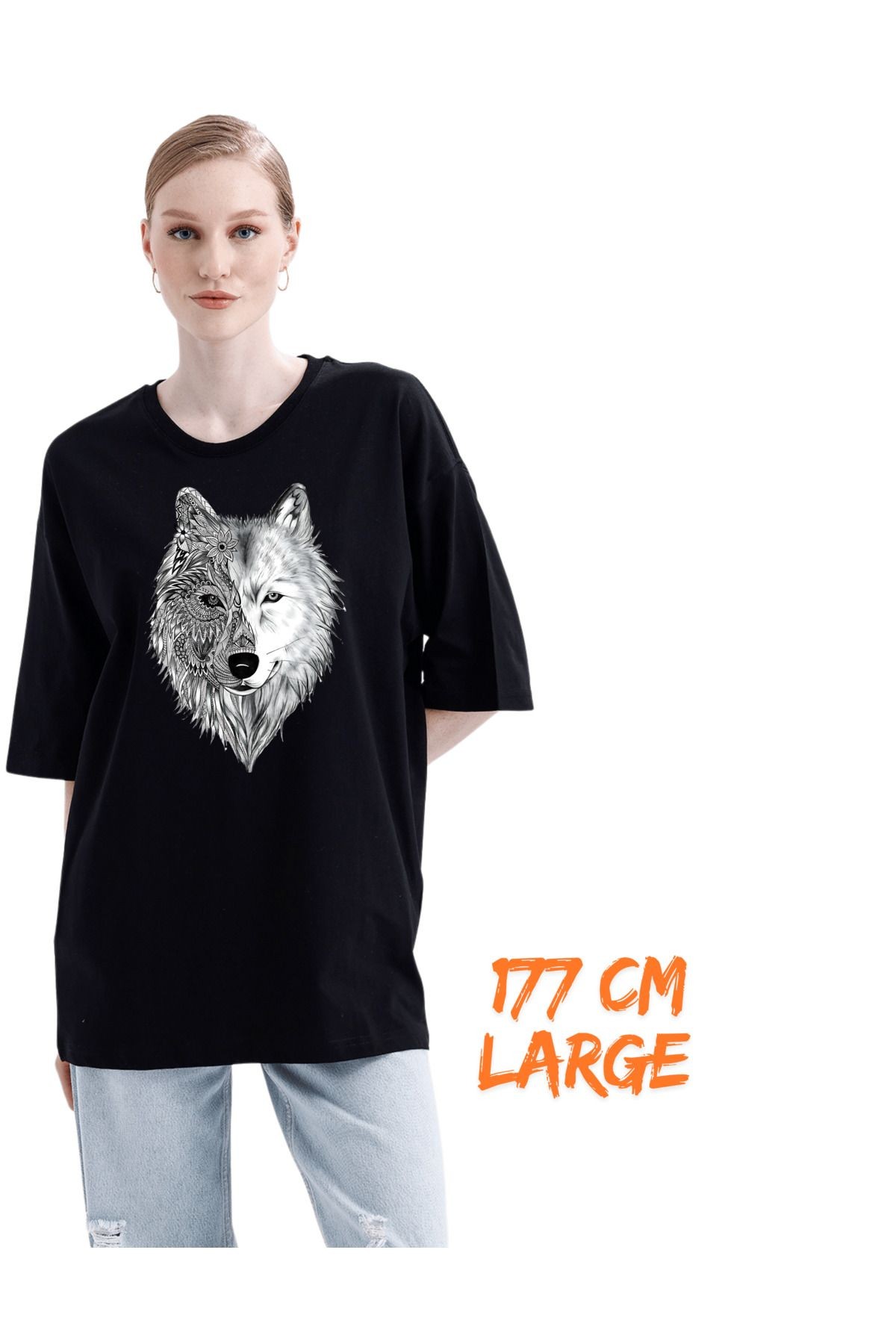 Digital Baskı Dtf %100 Pamuklu Oversize Tişört Kurt Temalı image
