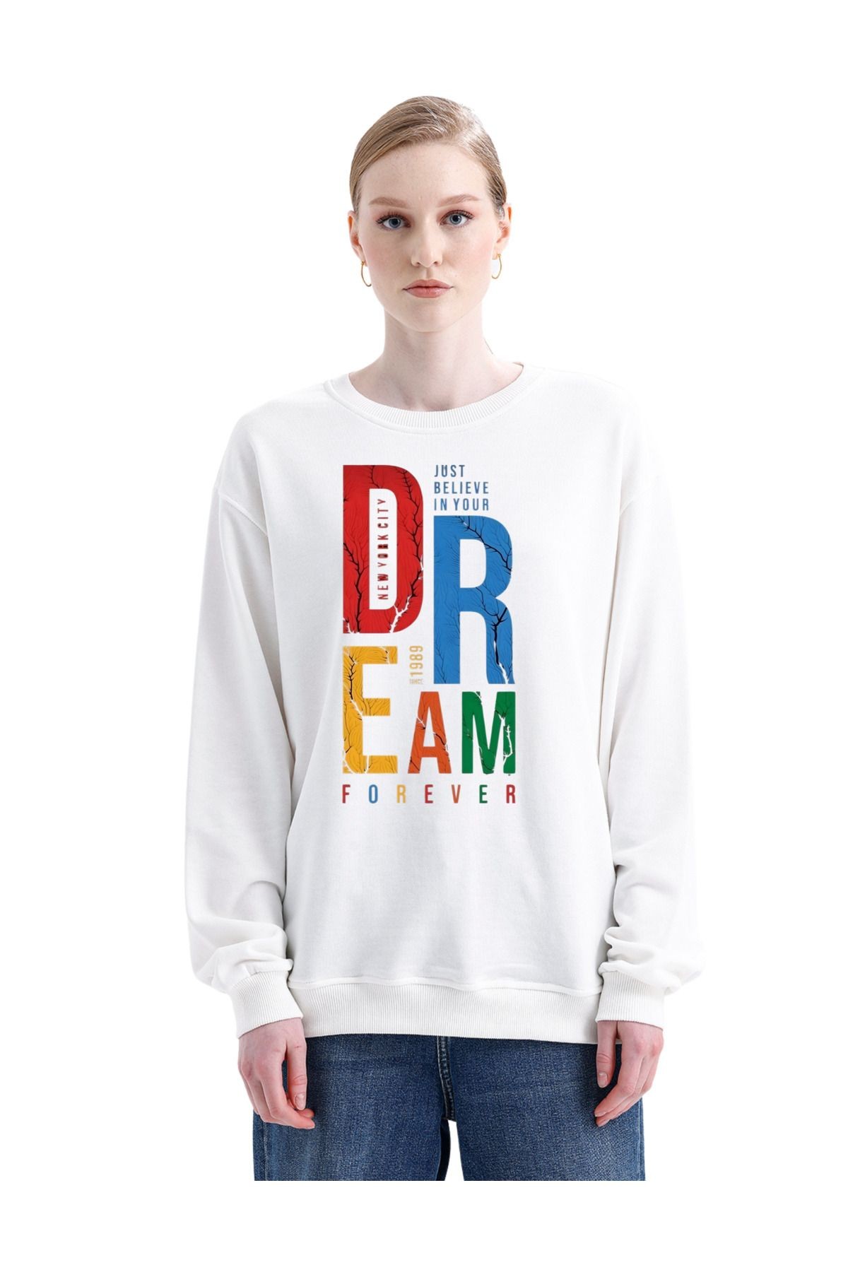Dtf Baskılı 3 Iplik Şardonsuz Dream Temalı Sweatshirt Beyaz