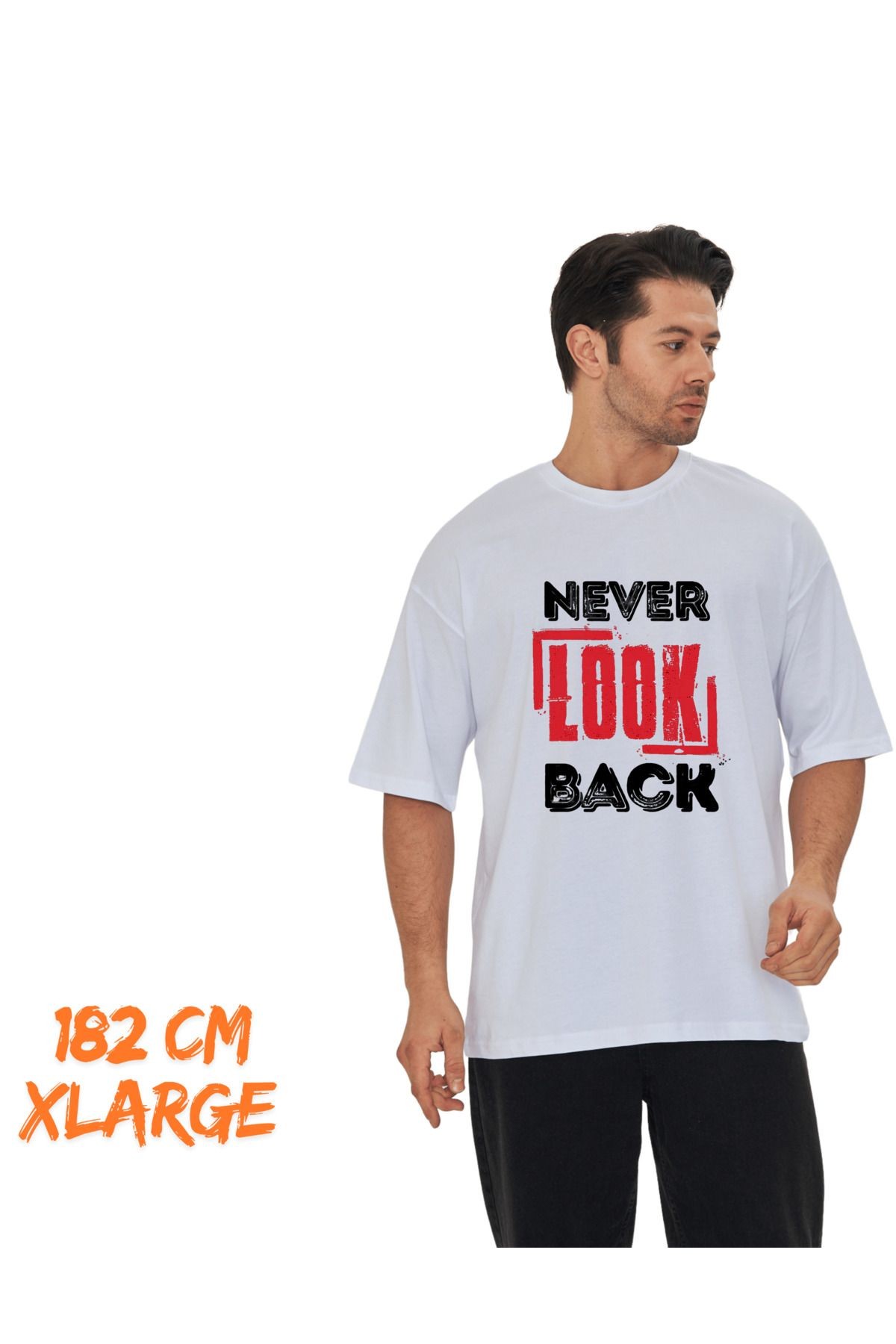 Digital Baskı Dtf %100 Pamuklu Oversize Never Look Back Yazısı Baskılı Tişört image