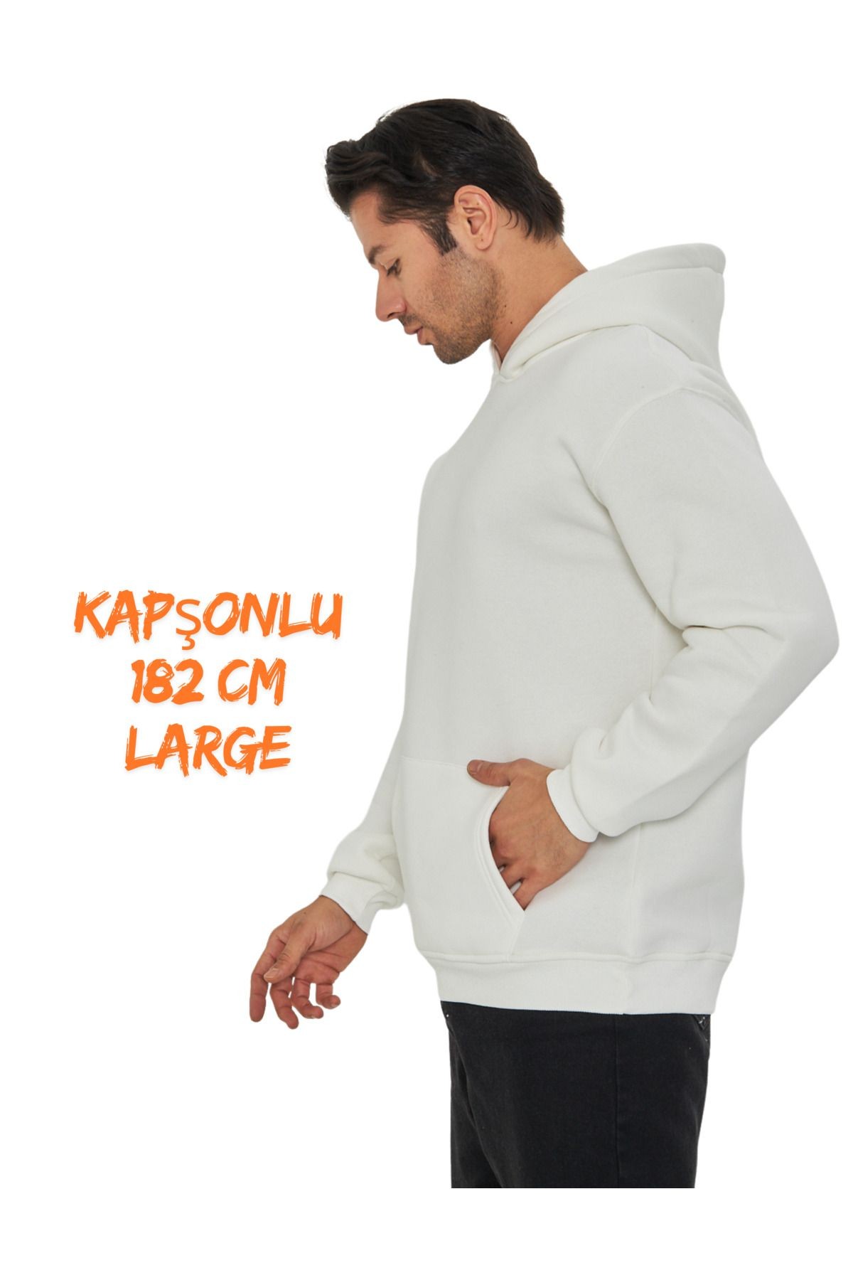 3 Iplik Şardonlu Oversize Hoodie Kapüşonlu Ve Kanguru Cepli Beyaz