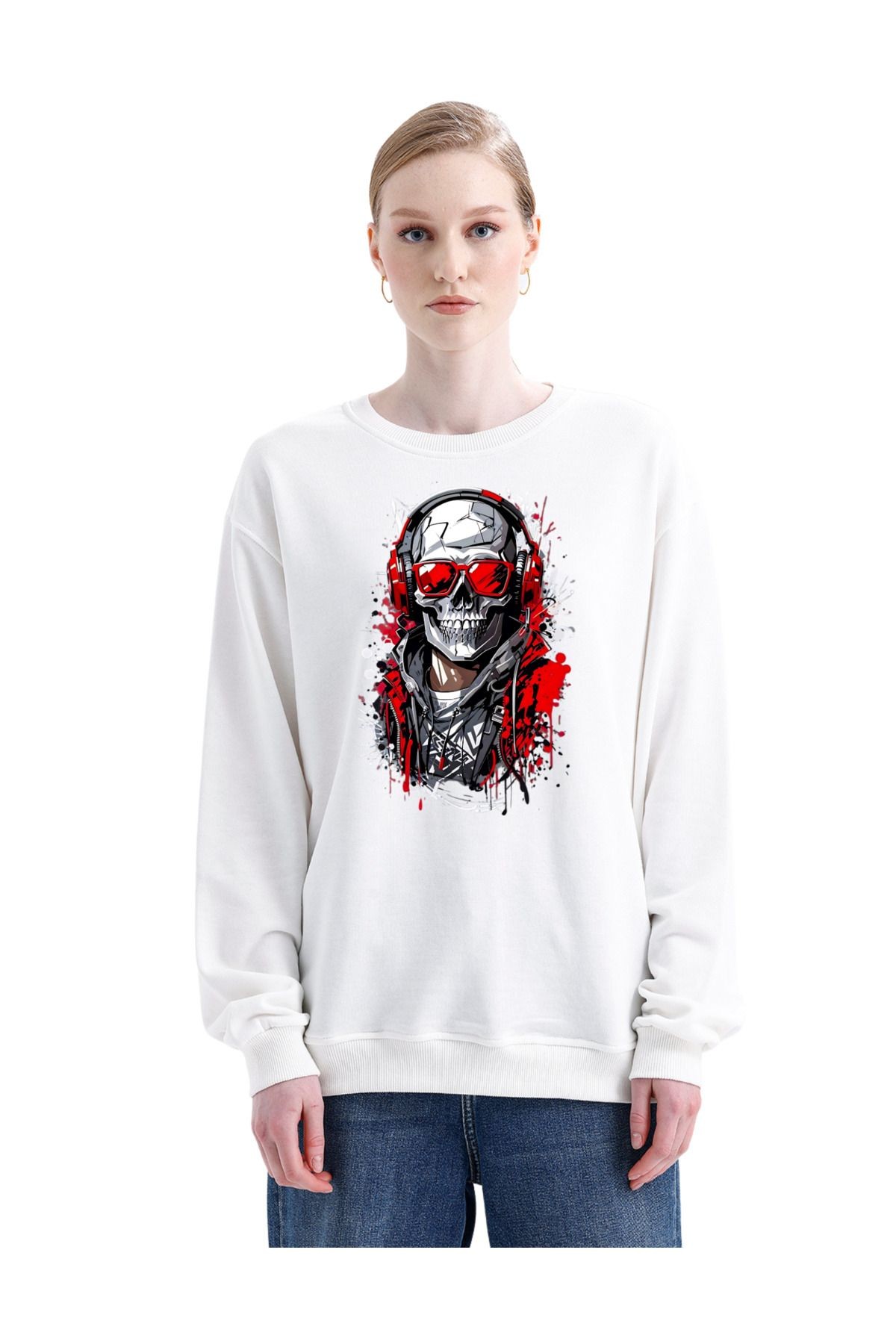 -dtf Baskılı 3 Iplik Şardonsuz Sweatshirt - Iskelet Temalı