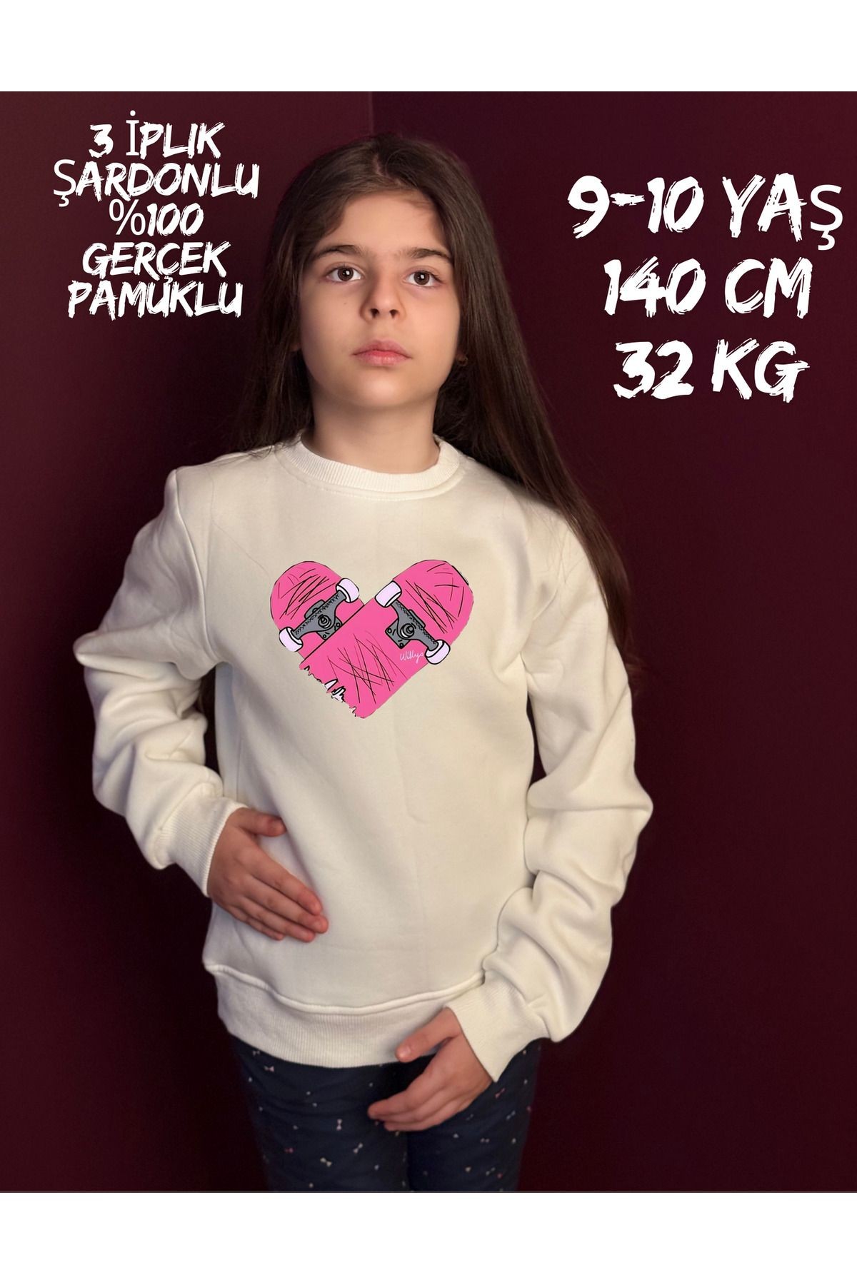 Çocuk Kalp Desenli 3 Iplik Şardonlu Dijital Baskılı Organik Pamuklu Sweatshirt Ekru image