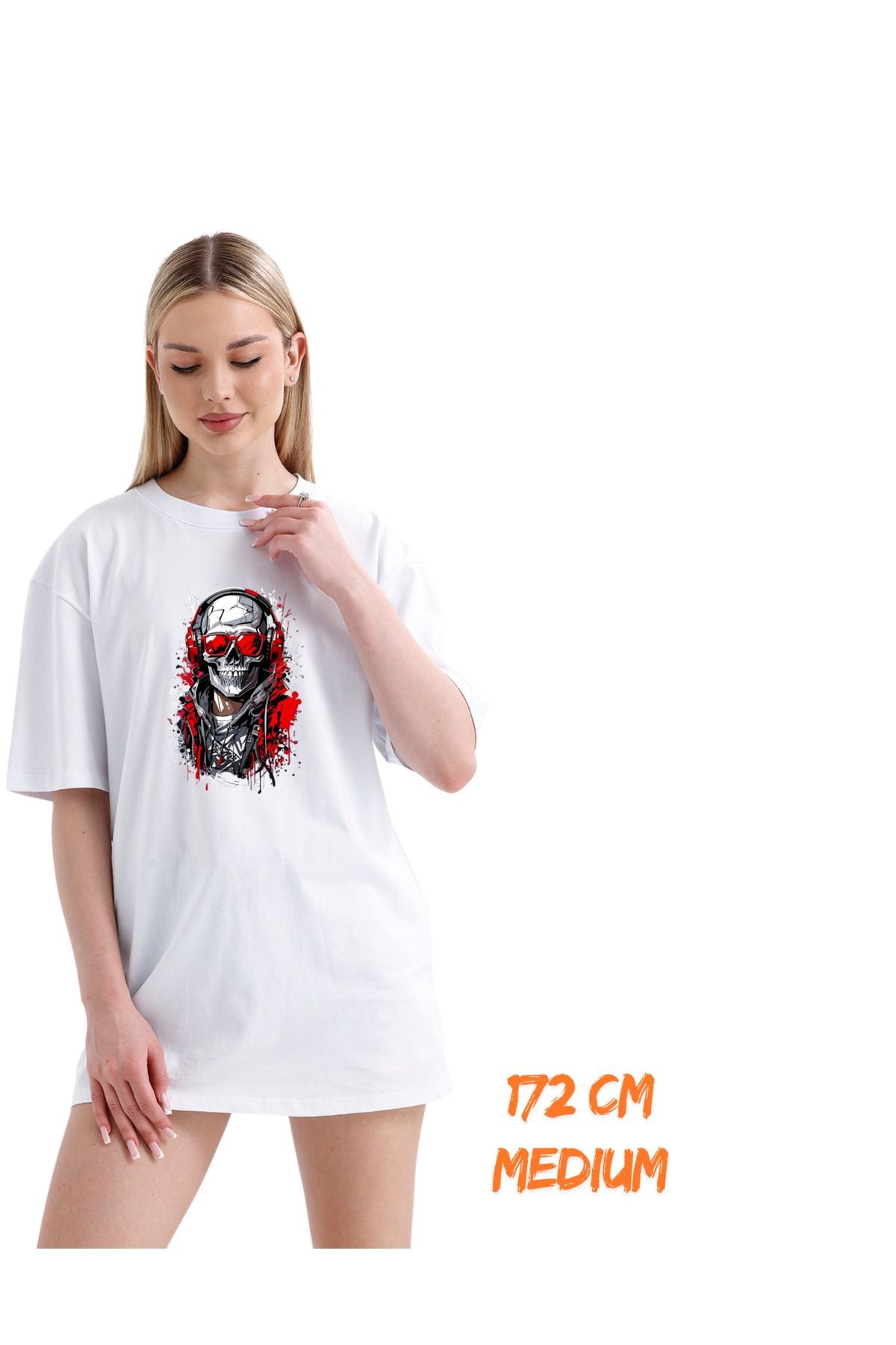 Digital Baskılı %100 Pamuklu Unisex Regular Tişört - Kırmızı iskelet Dizaynı (pXm) image