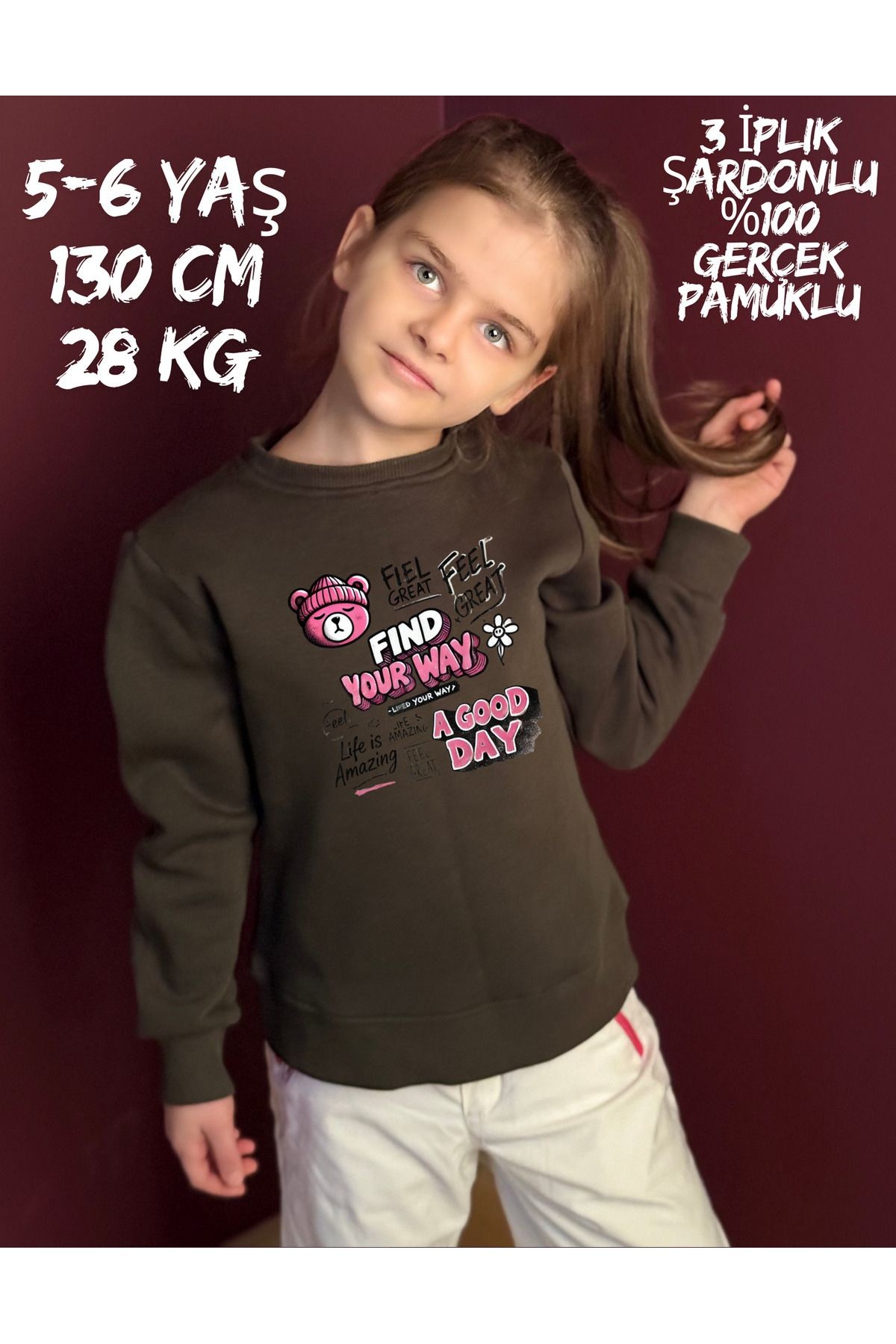 Baskılı 3 Iplik Şardonlu %100 Organik Pamuklu Çocuk Sweatshirt Haki image