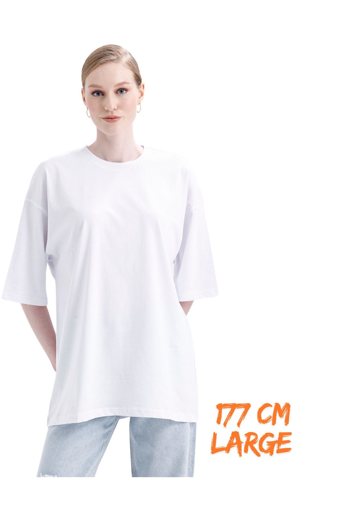 Düz Baskısız %100 Pamuklu Unisex Oversize Tişört Beyaz