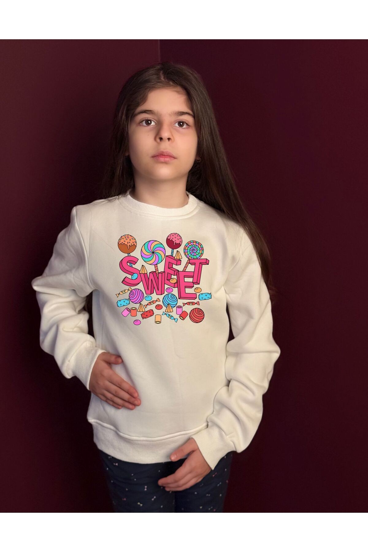 Sweet Yazısı Baskılı 3 Iplik Şardonlu %100 Organik Pamuk Çocuk Sweatshirt Ekru image
