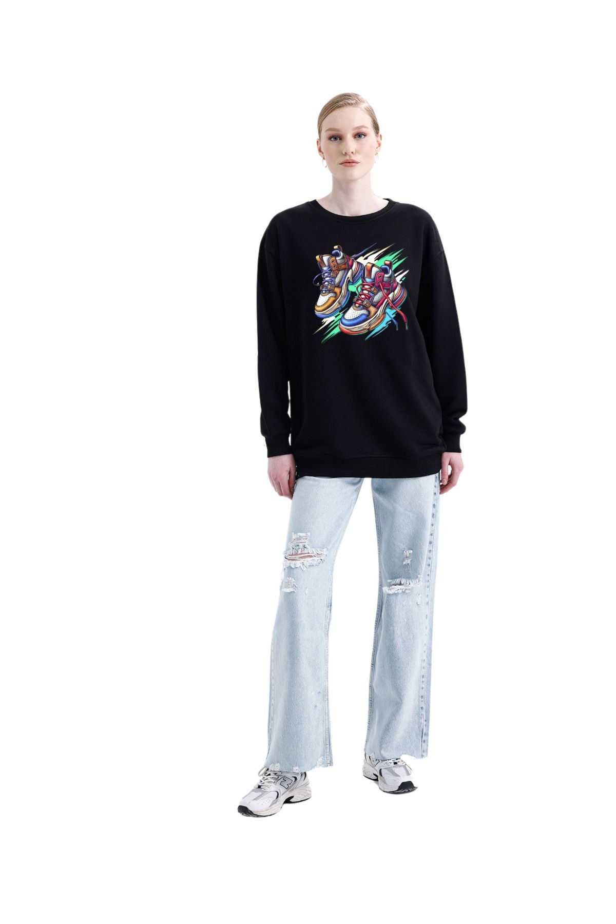 -dtf Baskılı 3 Iplik Şardonsuz Sweatshirt - Ayakkabı Temalı
