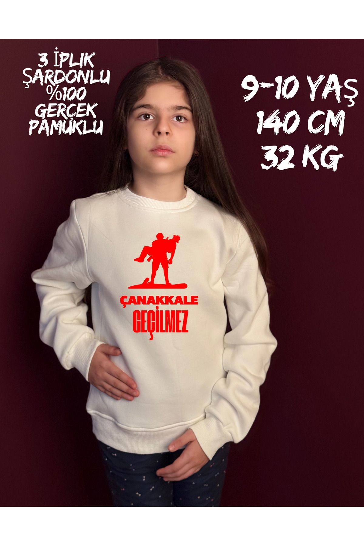 Çocuk Çanakkale Geçilmez Yazısı Baskılı 3 Iplik Şardonlu %100 Organik Pamuklu Sweatshirt Ekru image