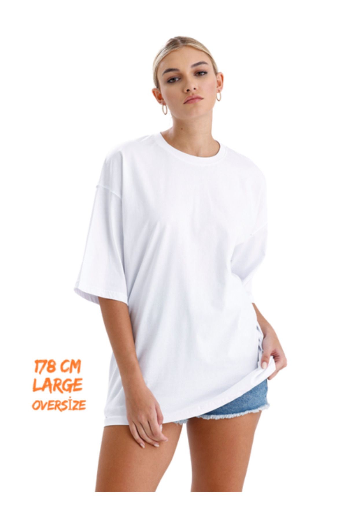 Düz Baskısız %100 Pamuklu Unisex Oversize Tişört Beyaz image
