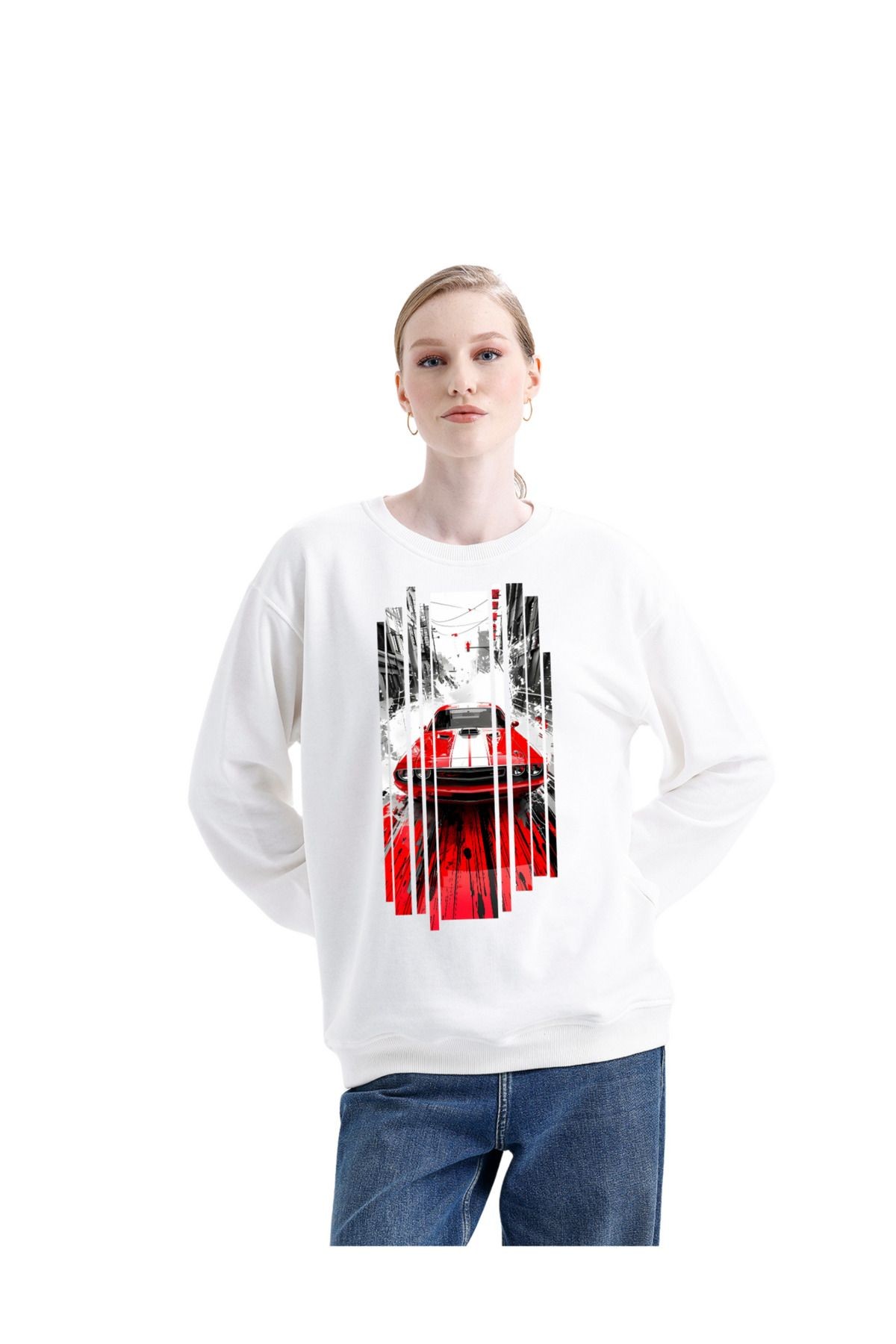 -DTF Baskılı 3 İplik Şardonsuz Sweatshirt - Araba Temalı