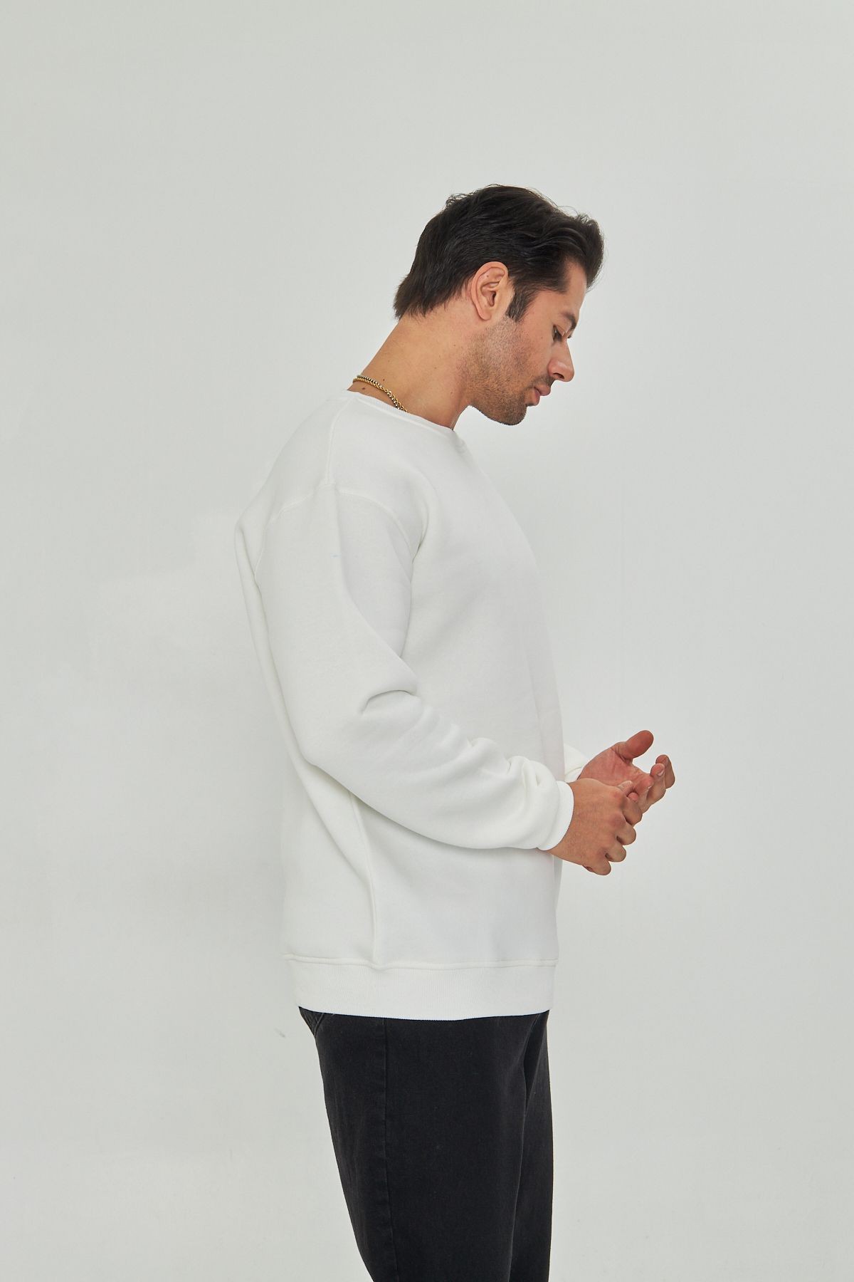 Dtf Digital Baskılı 3 Iplik Şardonlu Oversize Düz Desen Sweatshirt Beyaz