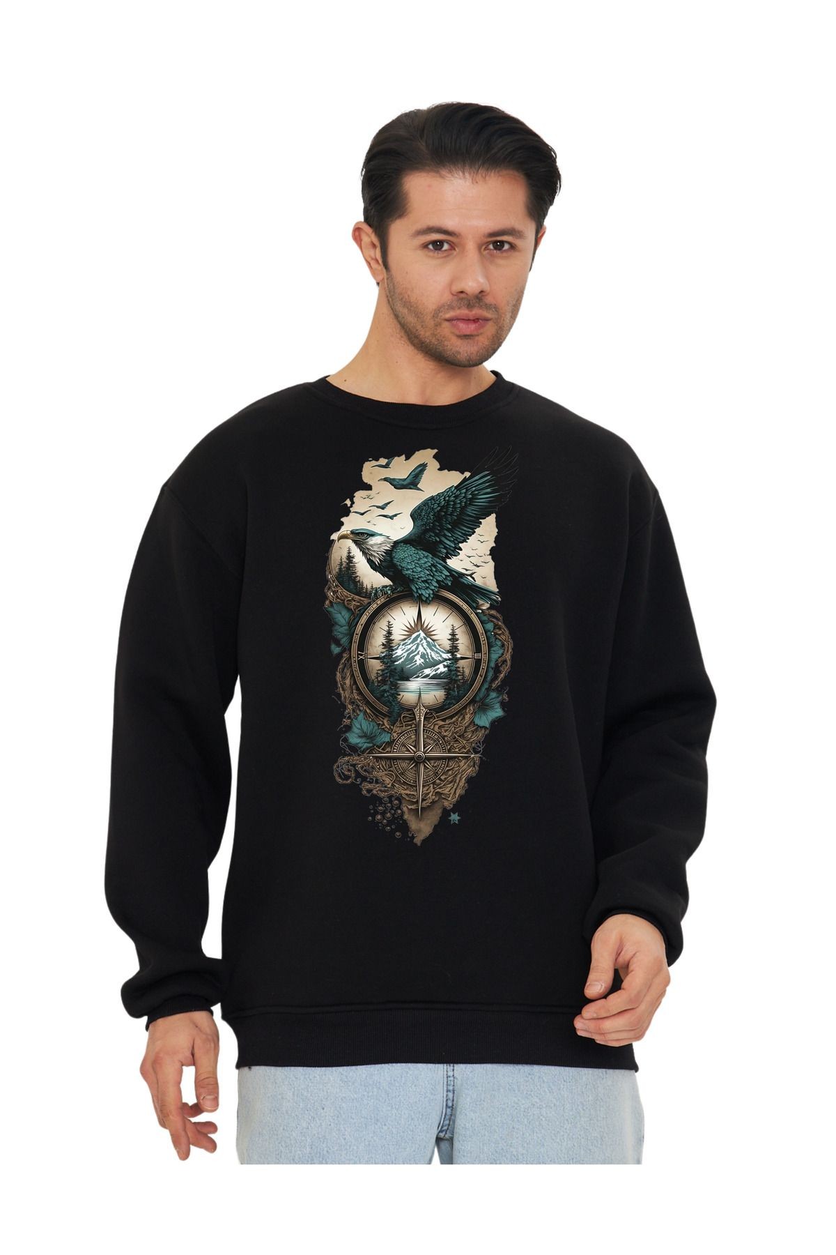 Dtf Dijital Baskılı 3 Iplik Şardonlu Oversize Kartal Tasarımlı Sweatshirt Siyah image