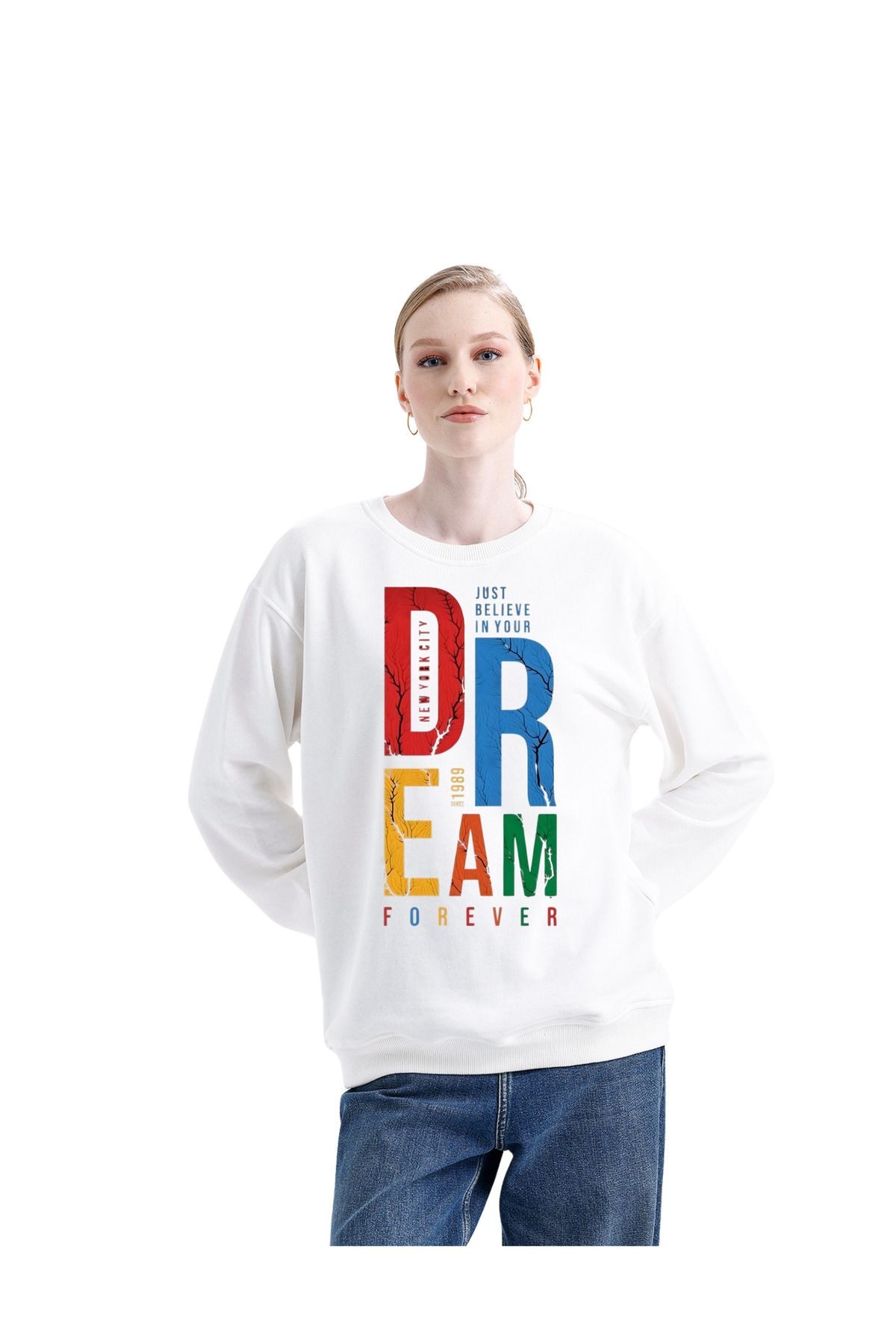 Dtf Baskılı 3 Iplik Şardonsuz Dream Temalı Sweatshirt Beyaz