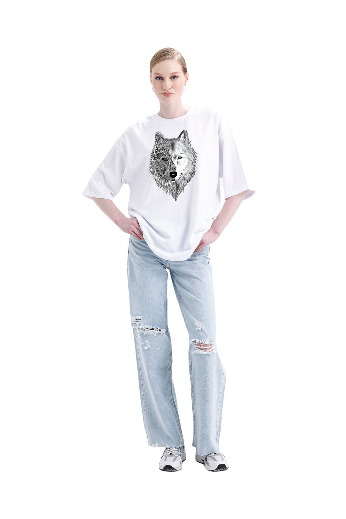 - %100 Pamuklu Unisex Oversize Tişört - Kurt Dizayn image