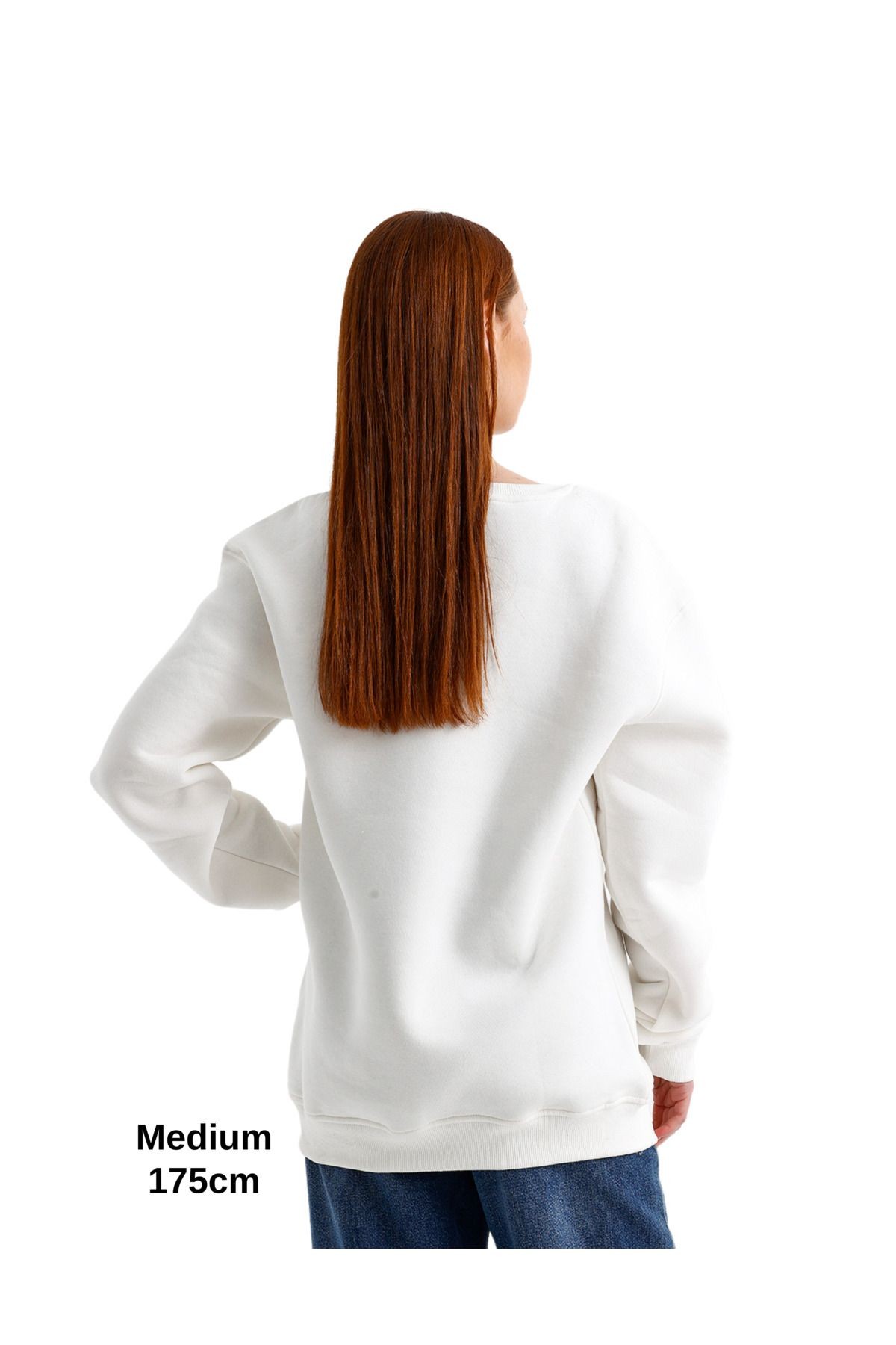 Oversize 3 Iplik Şardonlu Sweatshirt Düz Kadın Beyaz