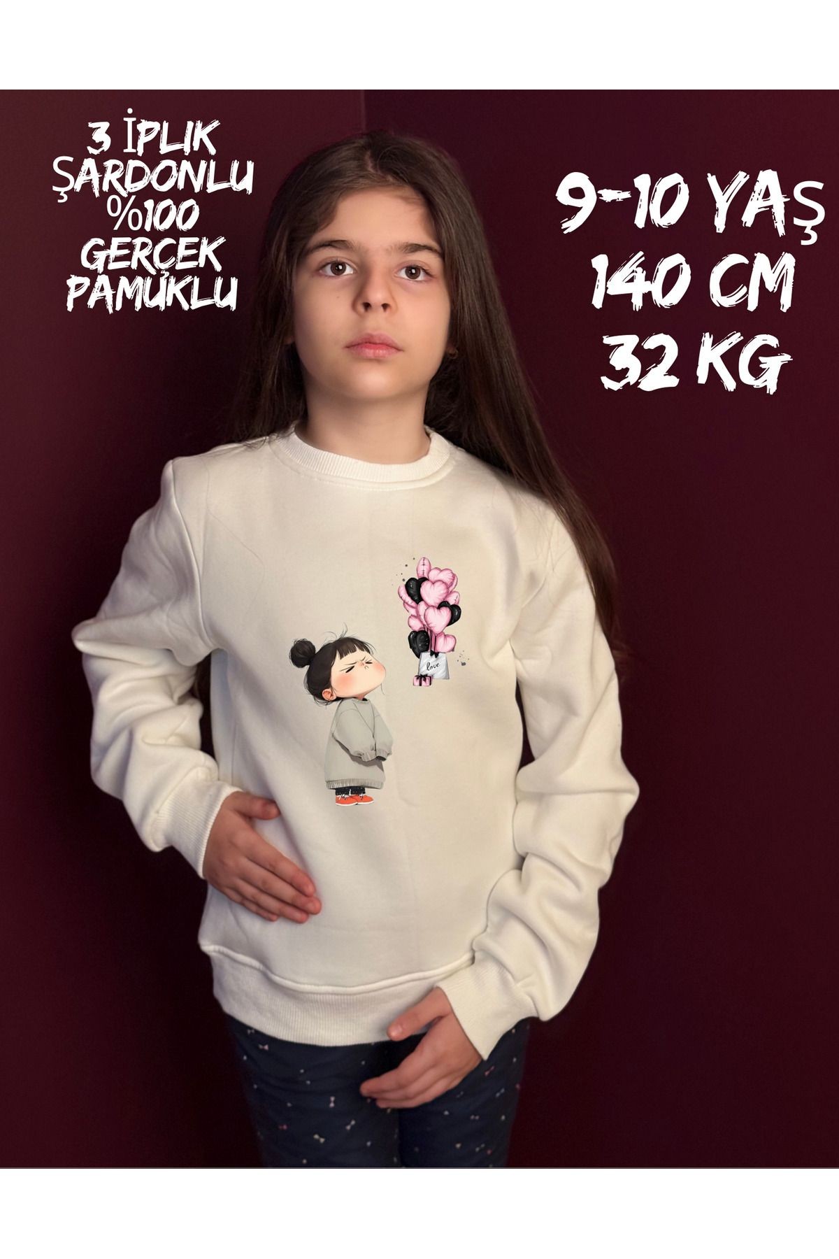 Çocuk Kalpli Uçurtma Baskılı 3 Iplik Şardonlu %100 Organik Pamuklu Çocuk Sweatshirt Ekru image