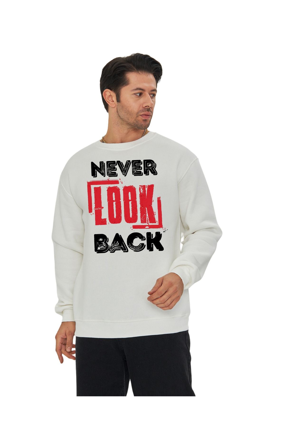 DTF Digital Baskılı 3 İplik Şardonlu Oversize Sweatshirt - Never Look Back Temalı image