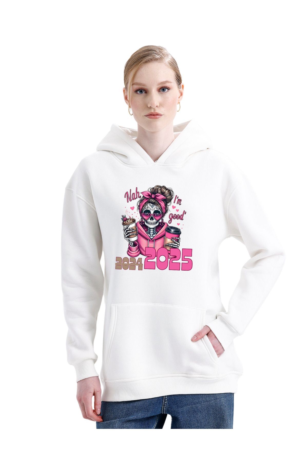 Digital Baskılı 3 İplik Şardonlu Kapşonlu ve Kanguru Cepli Sweatshirt "Iskelet Kadın Hoodie" (pXm)