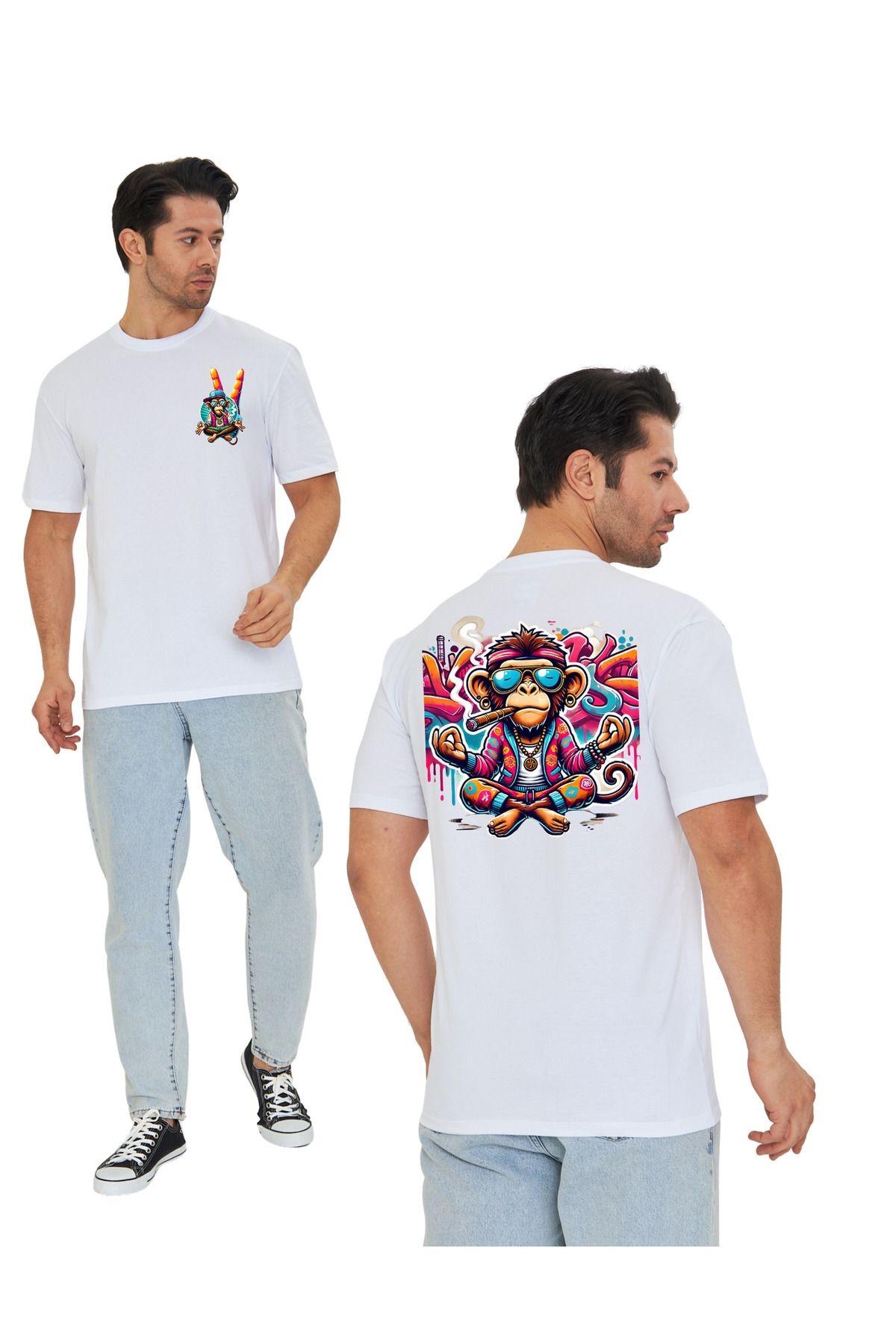 Streetwear 2000 Renkli Maymun Grafik Tasarımlı Regular Unisex Tişört