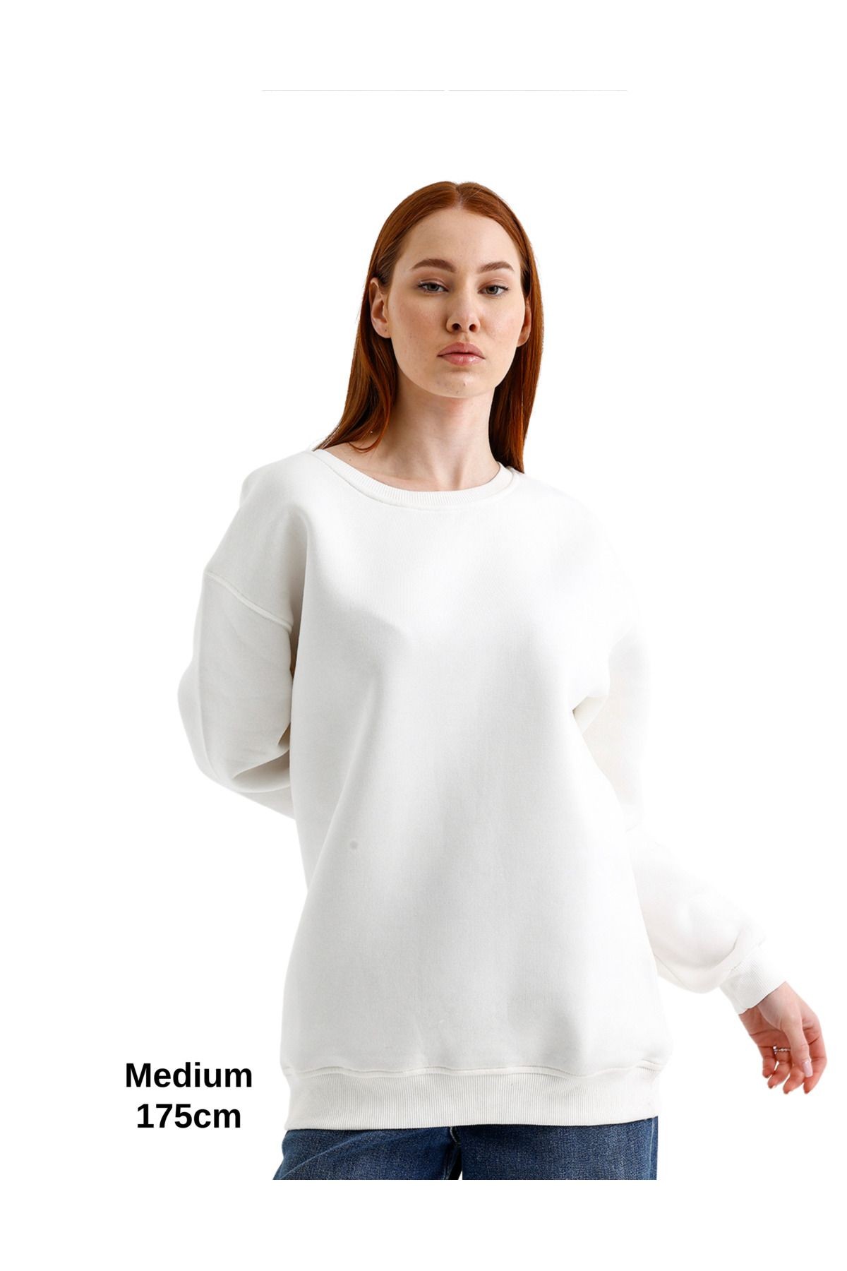 Oversize 3 Iplik Şardonlu Sweatshirt Düz Kadın Beyaz image