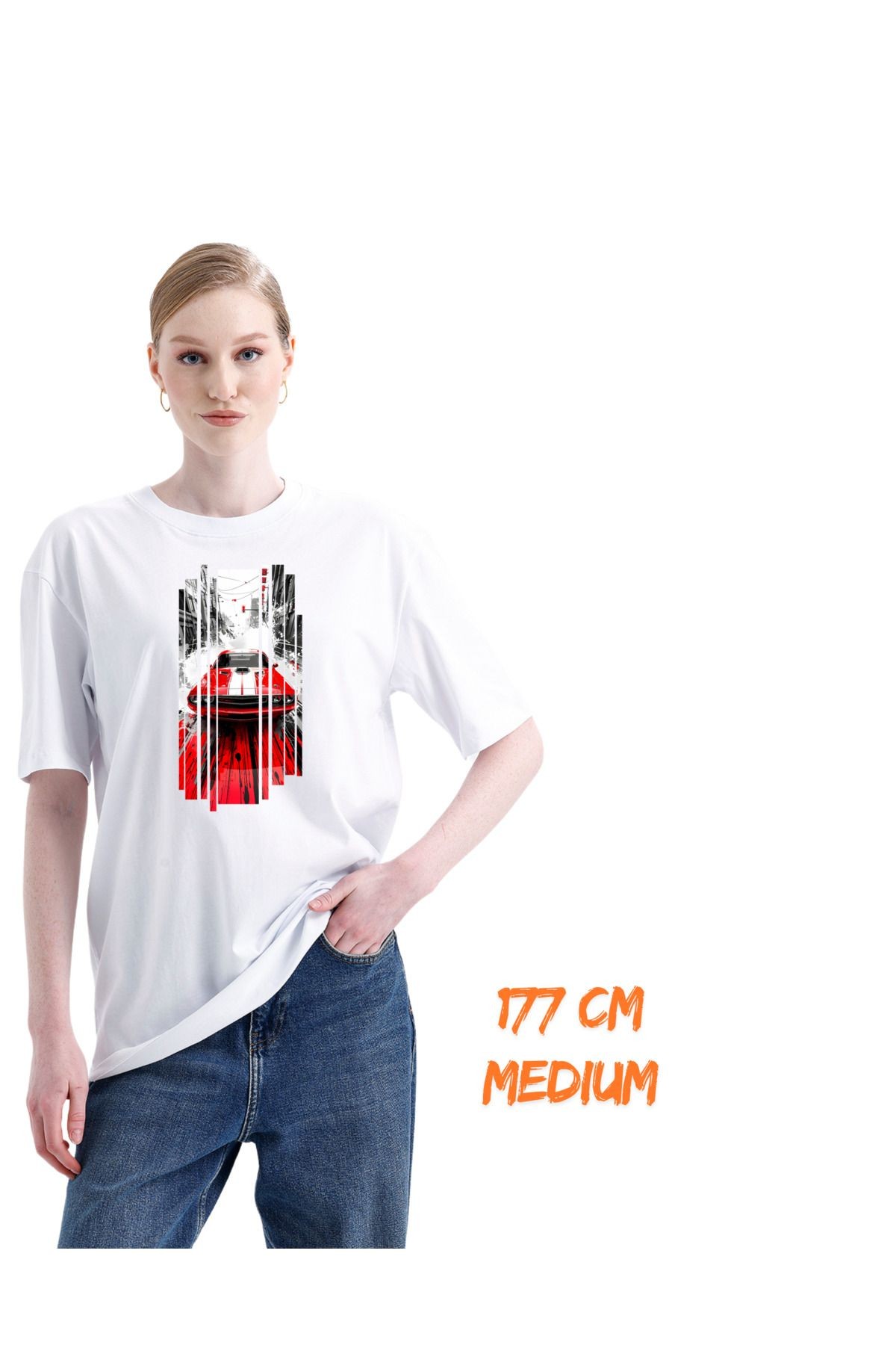 Digital Baskılı %100 Pamuklu Unisex Regular Tişört - Kırmızı Araba Dizaynı