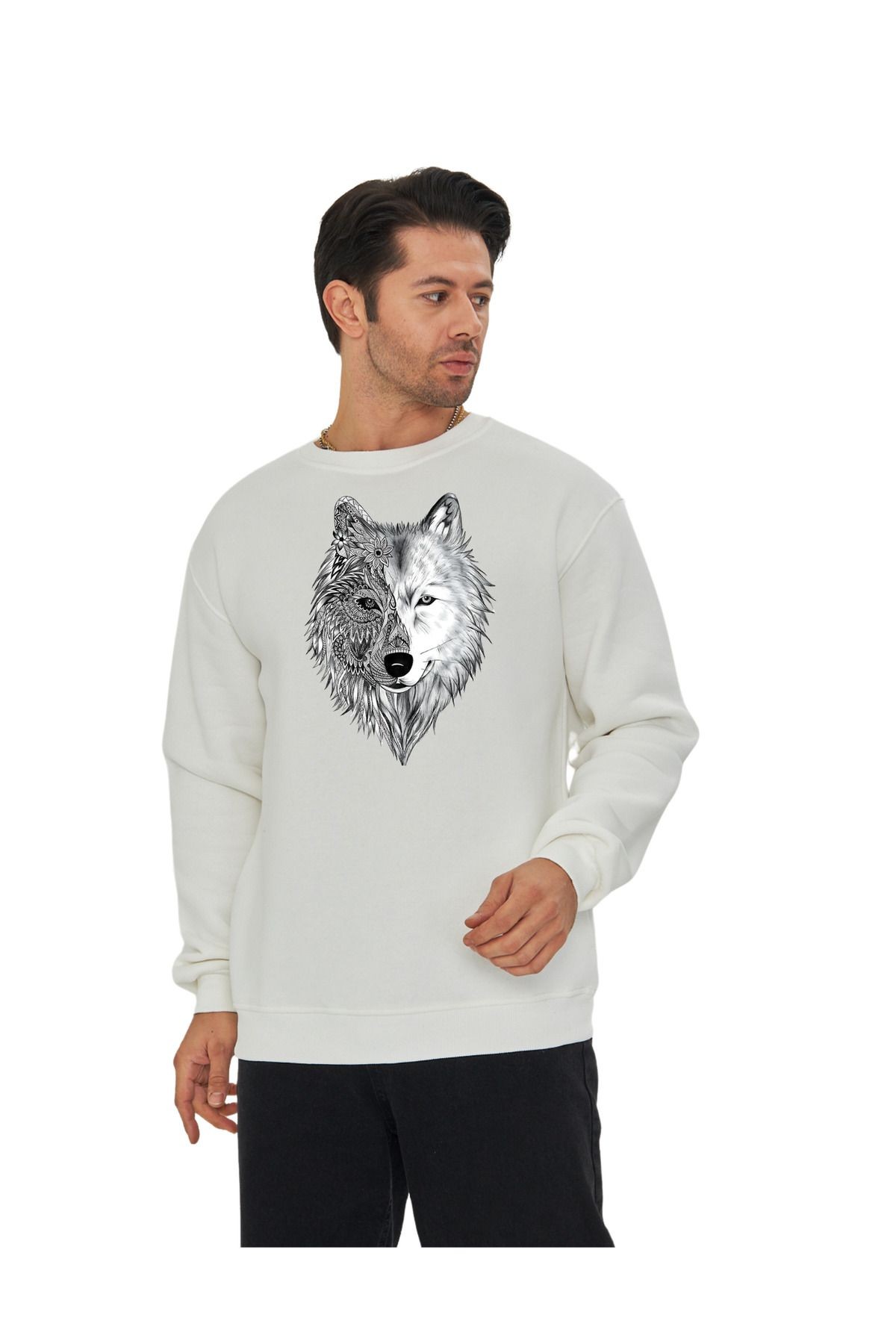 Dtf Digital Baskılı 3 Iplik Şardonlu Oversize Kurt Deseni Tasarımlı Sweatshirt Beyaz image