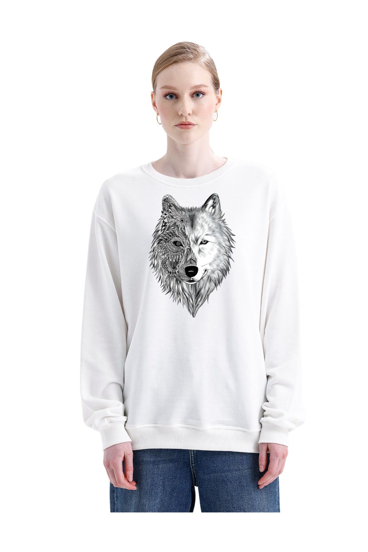 Digital Baskılı 3 İplik Şardonsuz Sweatshirt - Sibirya Kurdu (pXm) image