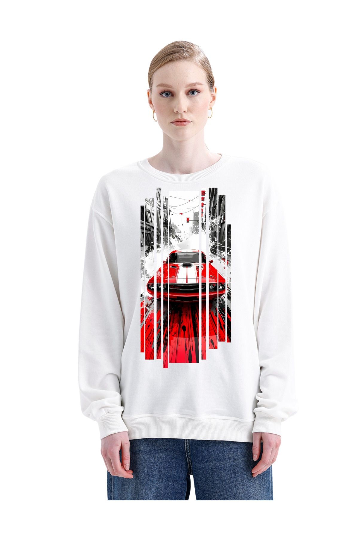 -DTF Baskılı 3 İplik Şardonsuz Sweatshirt - Araba Temalı