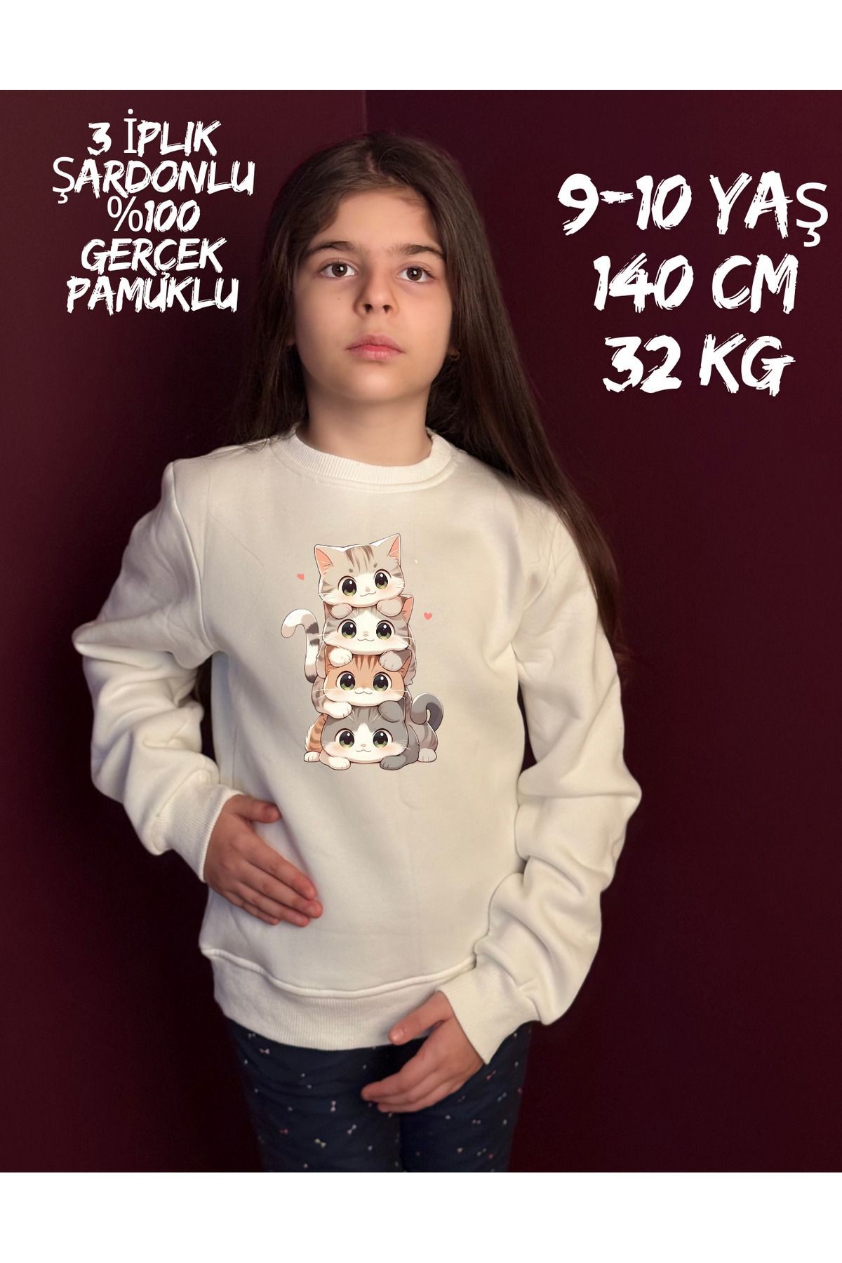 Çocuk Kedi Görseli Baskılı 3 Iplik Şardonlu %100 Organik Pamuklu Çocuk Sweatshirt Ekru image