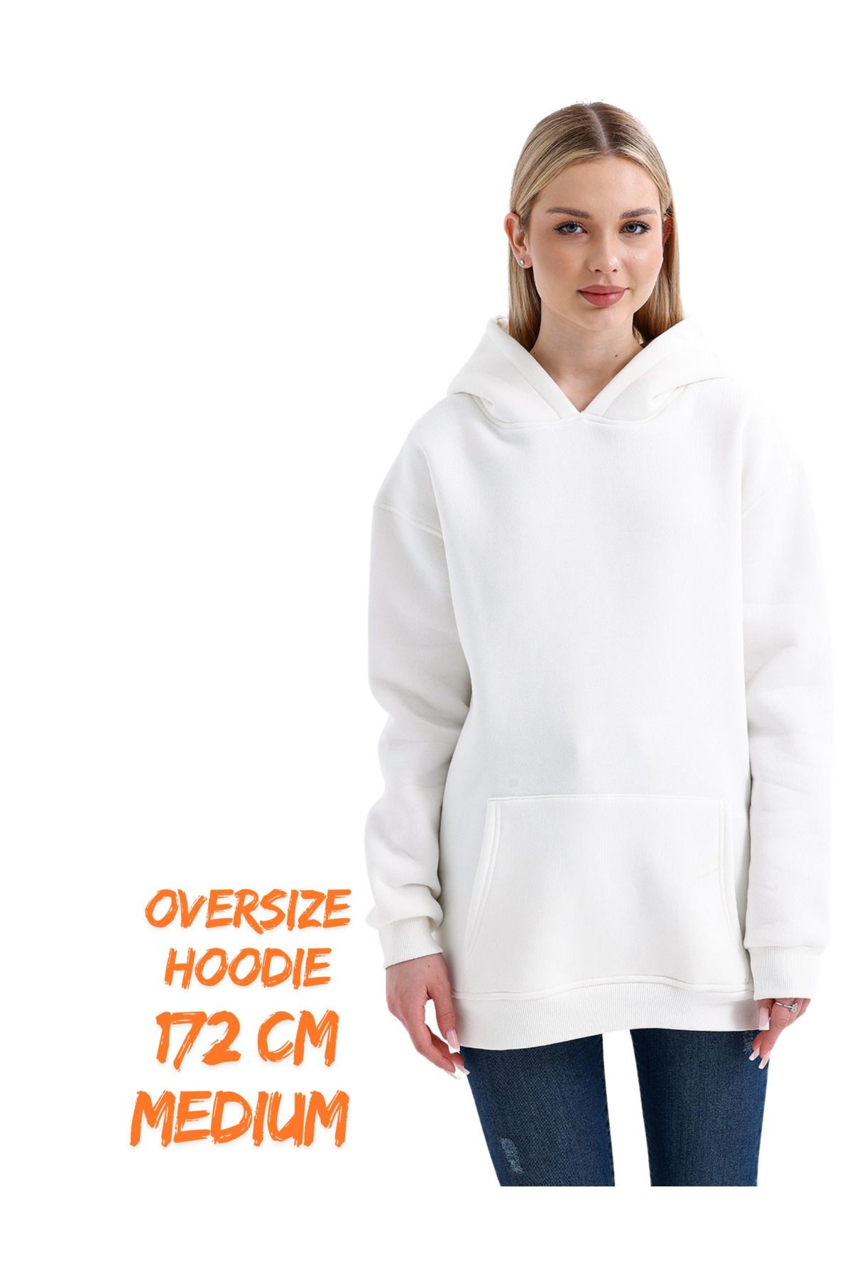 3 Iplik Şardonlu Kapşonlu Ve Kanguru Cepli Sweatshirt Düz Hoodie Beyaz image