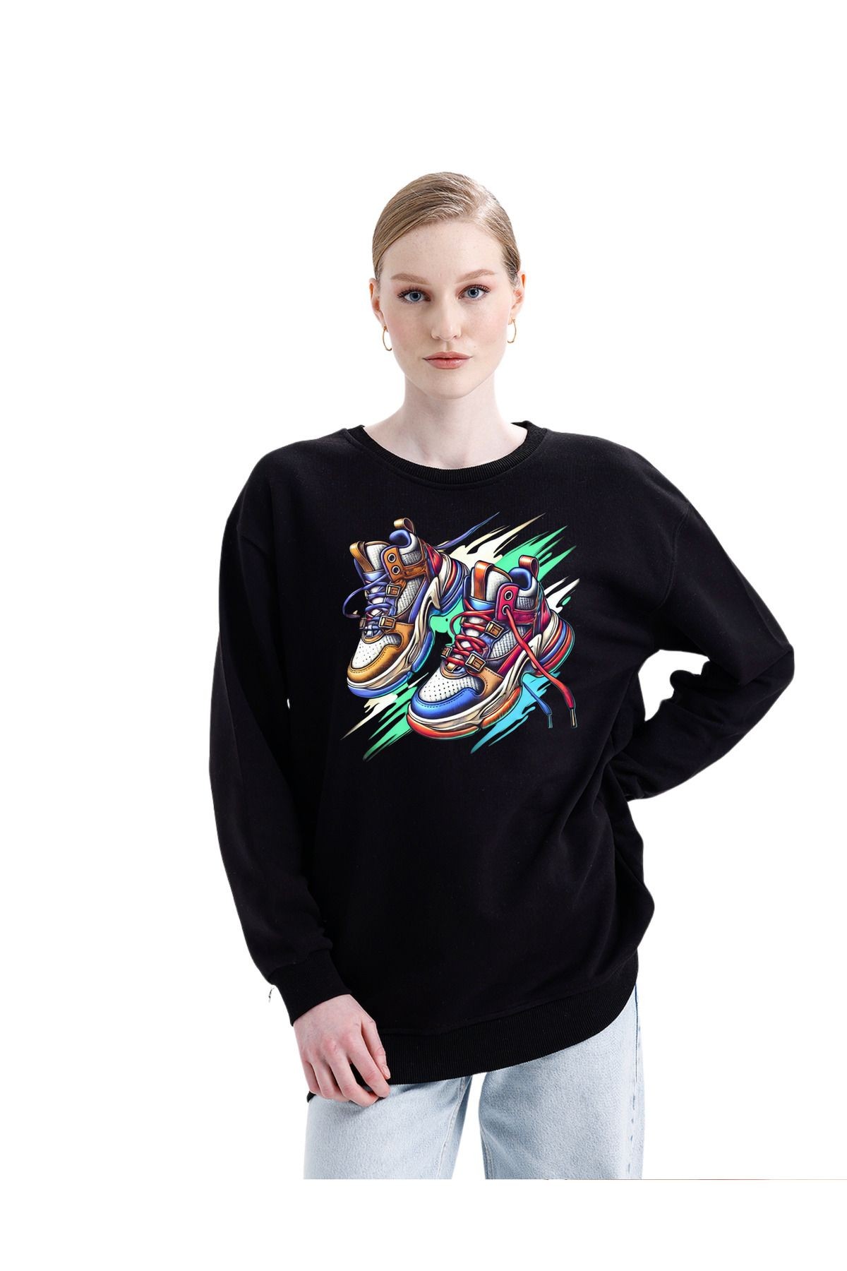 -dtf Baskılı 3 Iplik Şardonsuz Sweatshirt - Ayakkabı Temalı