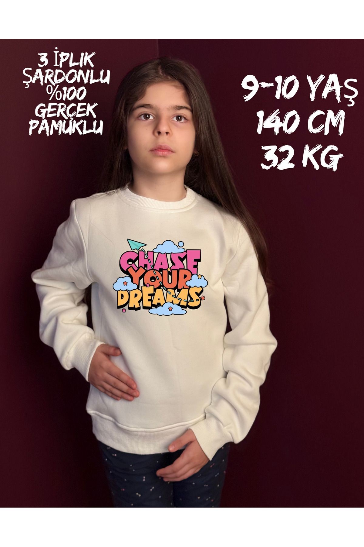 Çocuk "chase Your Dreams" Yazısı Baskılı 3 Iplik Şardonlu %100 Organik Pamuklu Sweatshirt Beyaz image