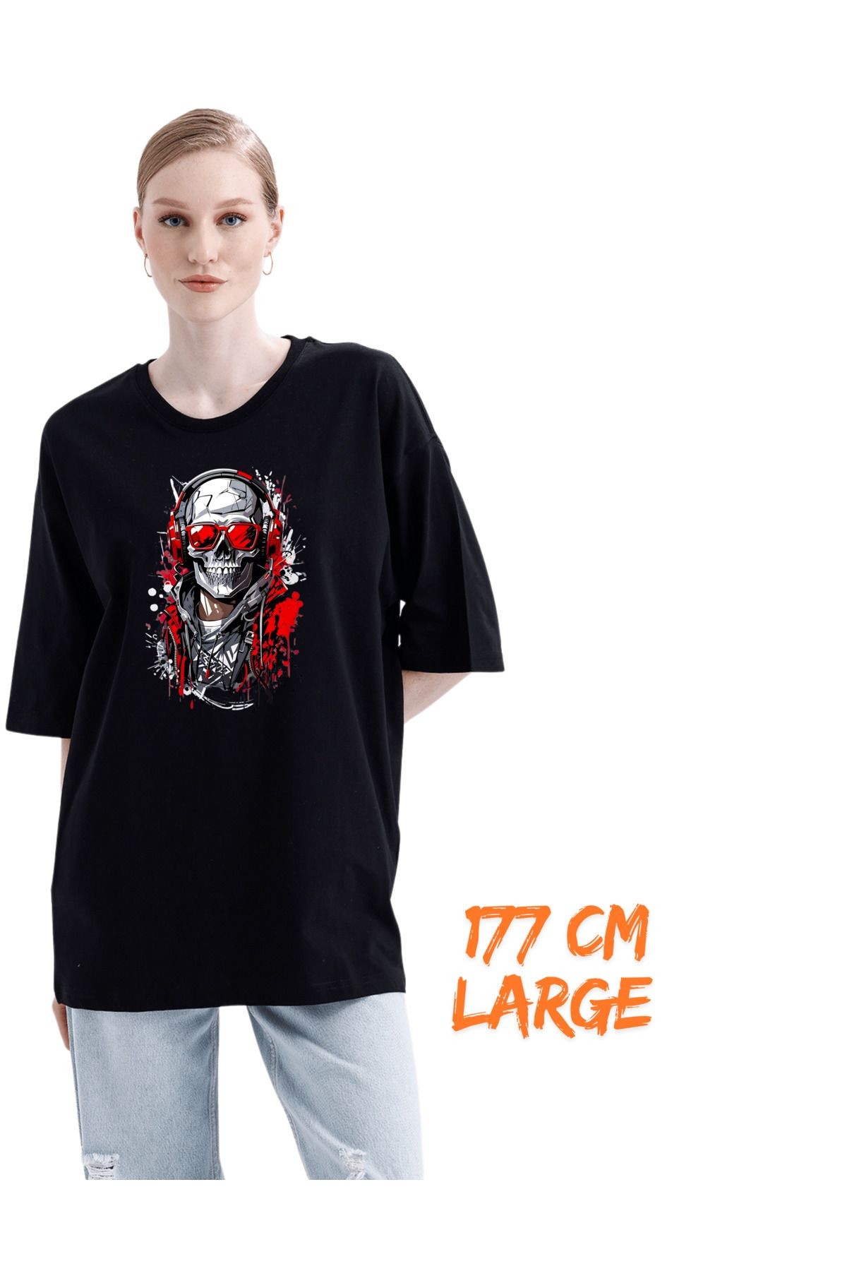 Dijital Baskı Dtf %100 Pamuklu Oversize Tişört Kırmızı Kuru Kafa Temalı image