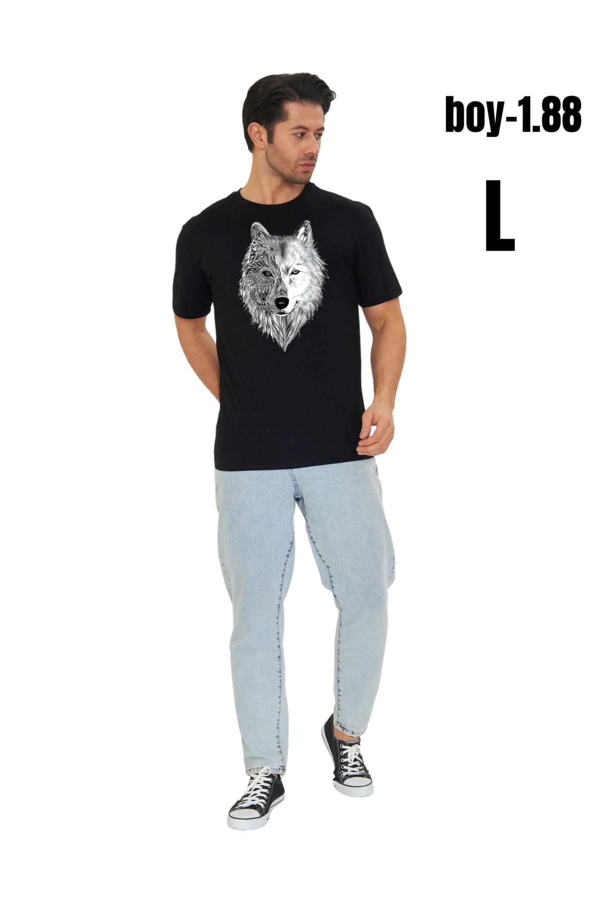 Digital Baskılı %100 Pamuklu Unisex Regular Tişört - Kurt Dizaynı (pXm)