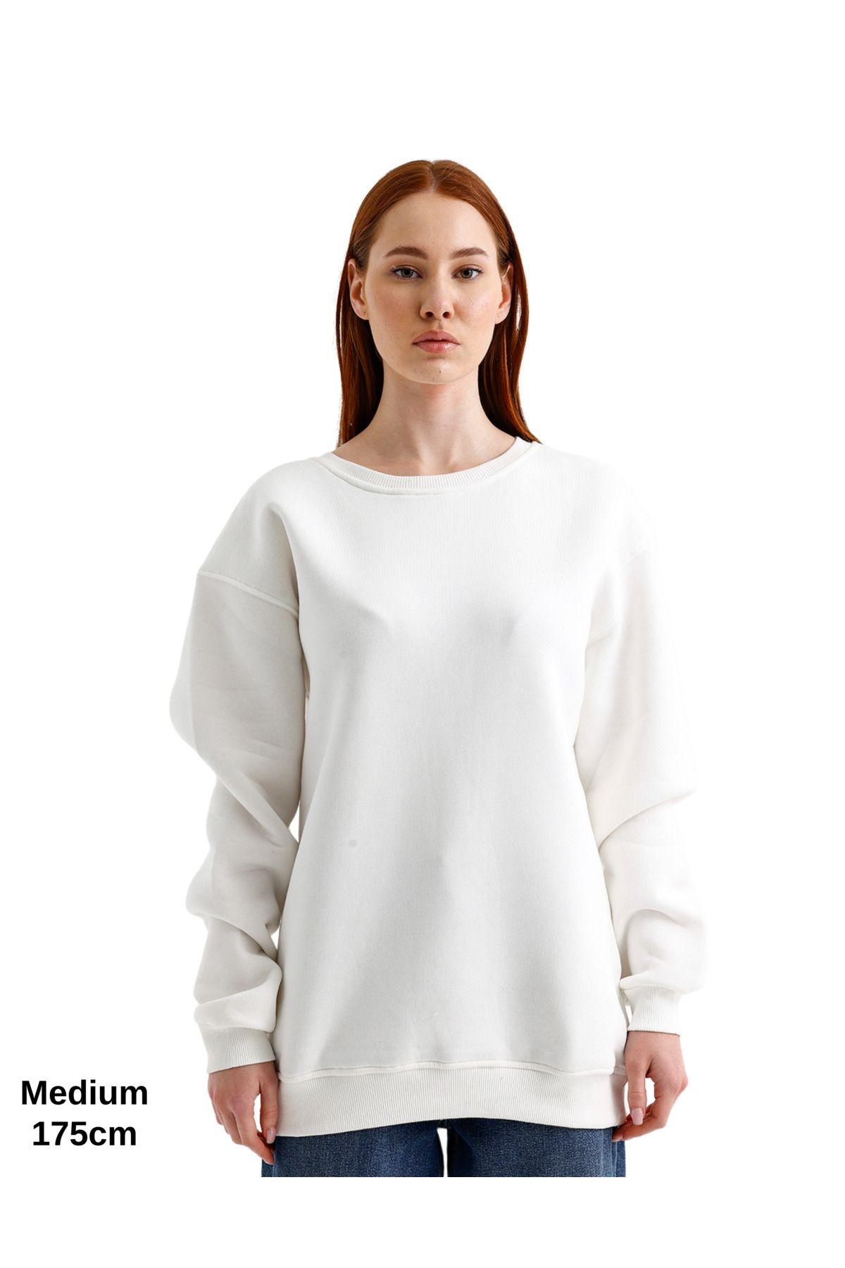 Oversize 3 Iplik Şardonlu Sweatshirt Düz Kadın Beyaz