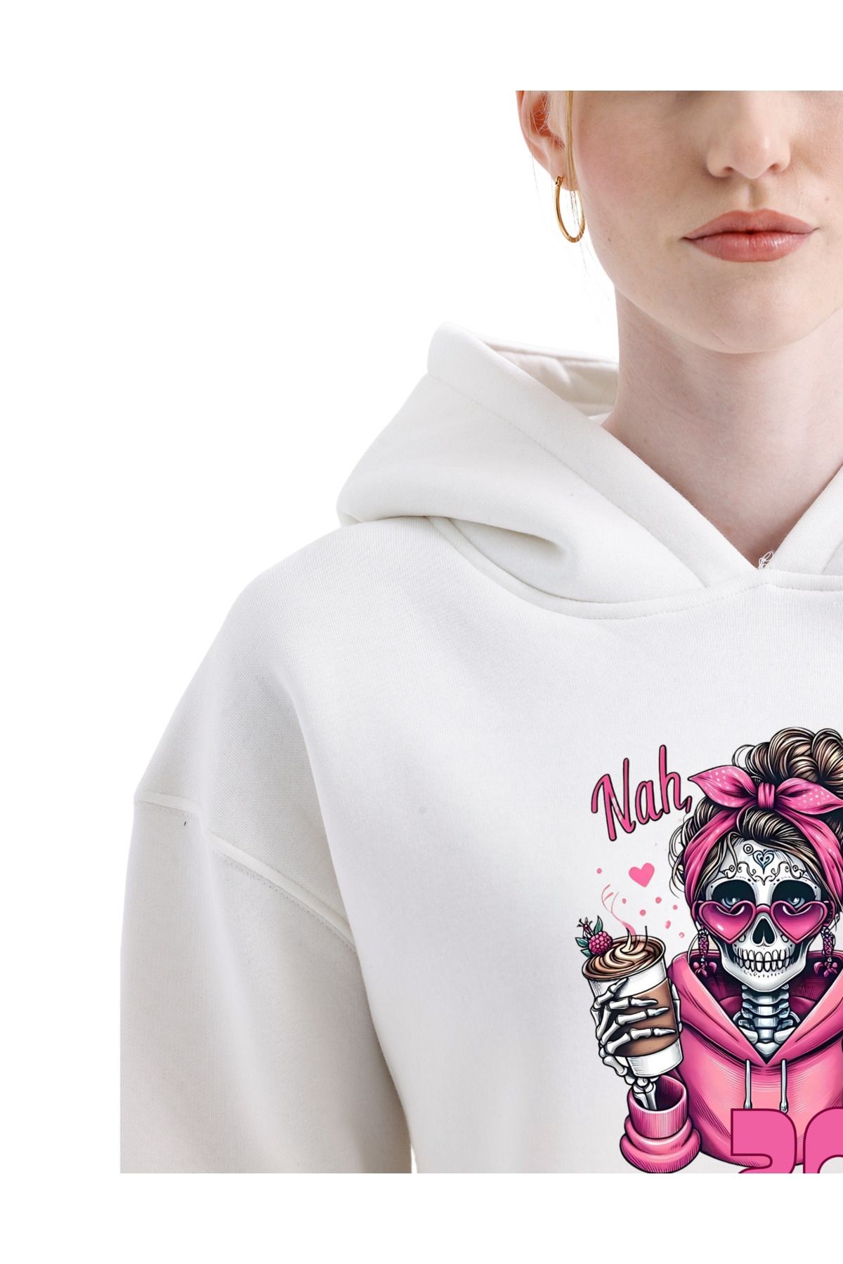 Digital Baskılı 3 İplik Şardonlu Kapşonlu ve Kanguru Cepli Sweatshirt "Iskelet Kadın Hoodie" (pXm) image