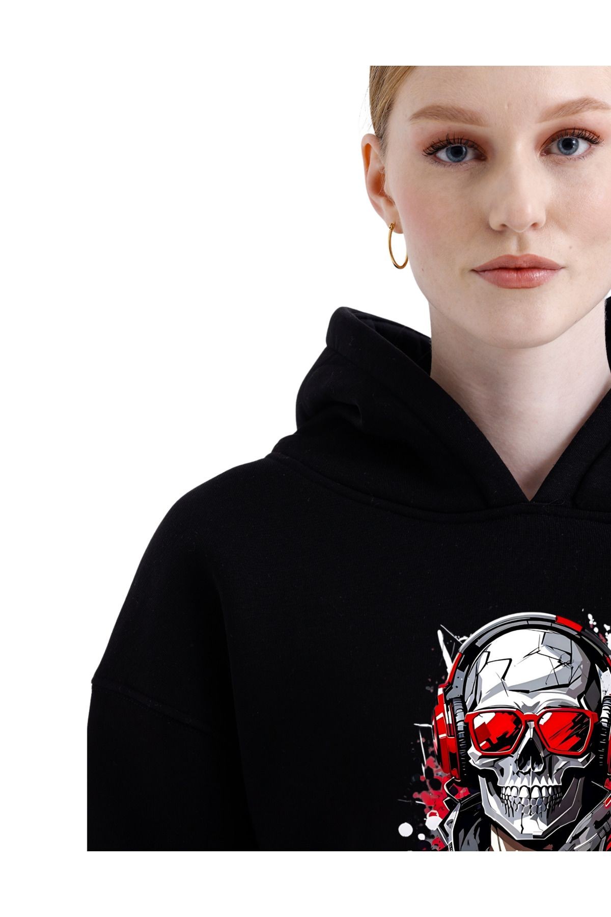 Digital Baskılı  3 İplik Şardonlu Kapşonlu ve Kanguru Cepli Sweatshirt "İskelet Hoodie" (pXm)