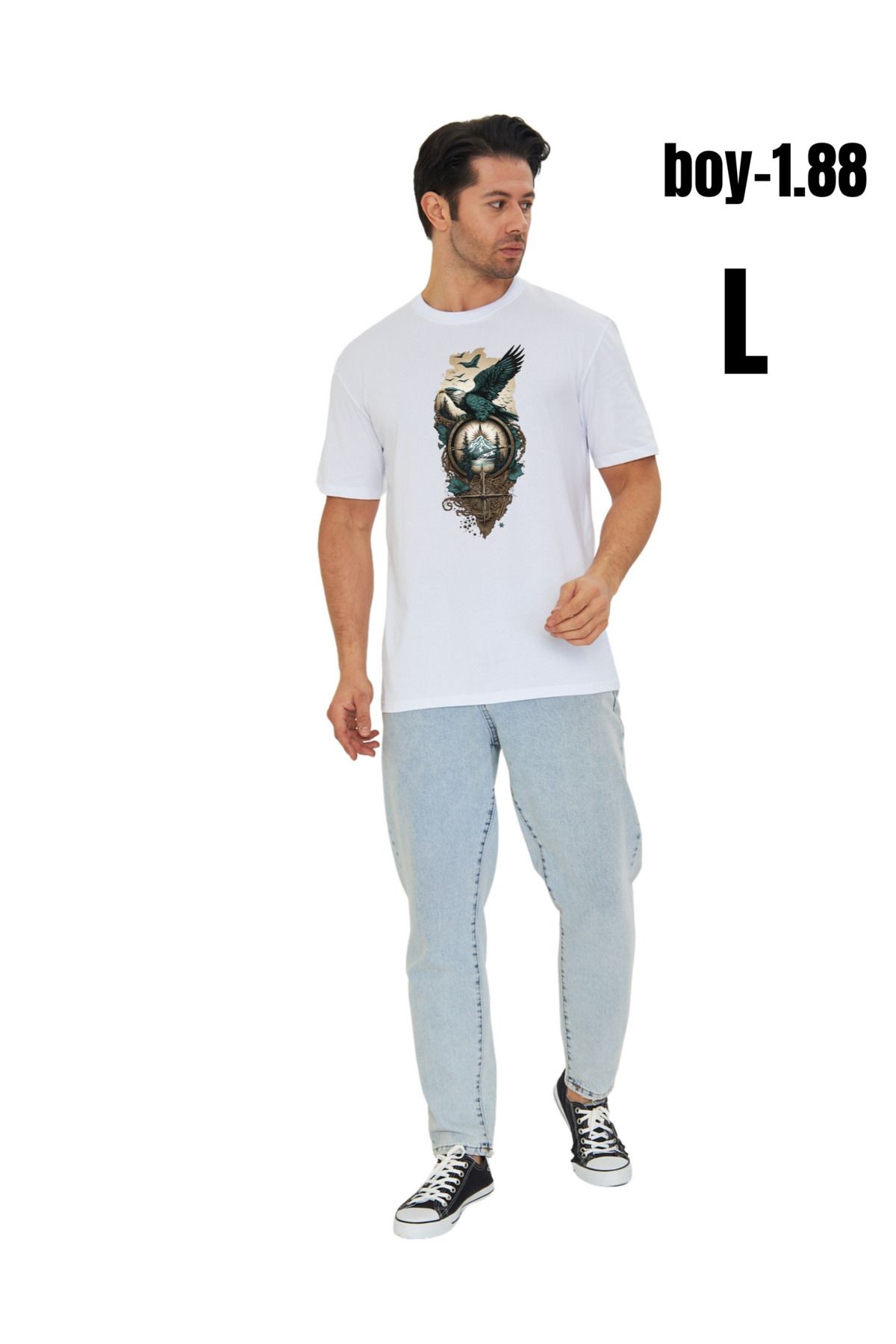 Digital Baskılı %100 Pamuklu Unisex Regular Tişört - Kartal Dizaynı main variant image