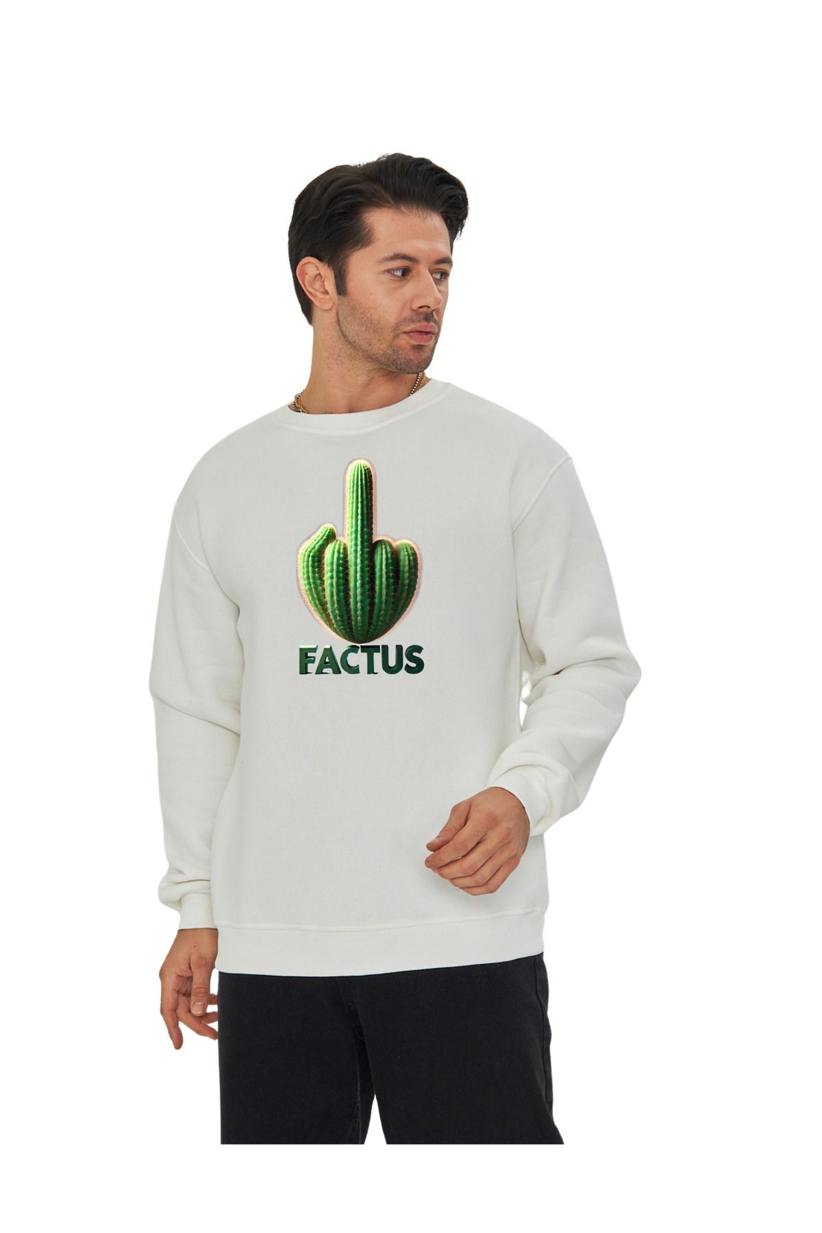 Dtf Digital Baskılı 3 Iplik Şardonlu Oversize Kaktüs Tasarımlı Sweatshirt Beyaz image