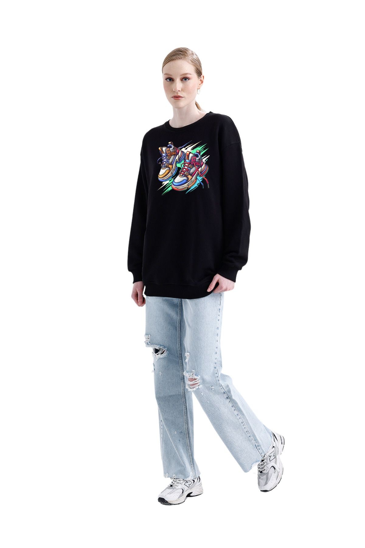 -dtf Baskılı 3 Iplik Şardonsuz Sweatshirt - Ayakkabı Temalı