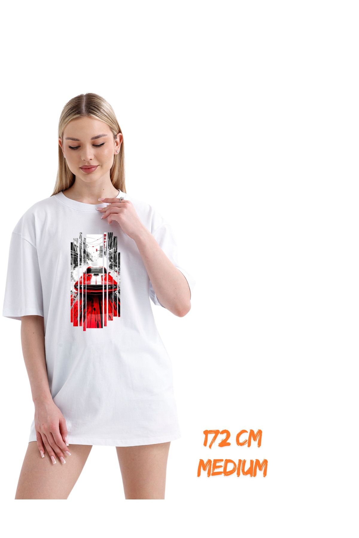 Digital Baskılı %100 Pamuklu Unisex Regular Tişört - Kırmızı Araba Dizaynı