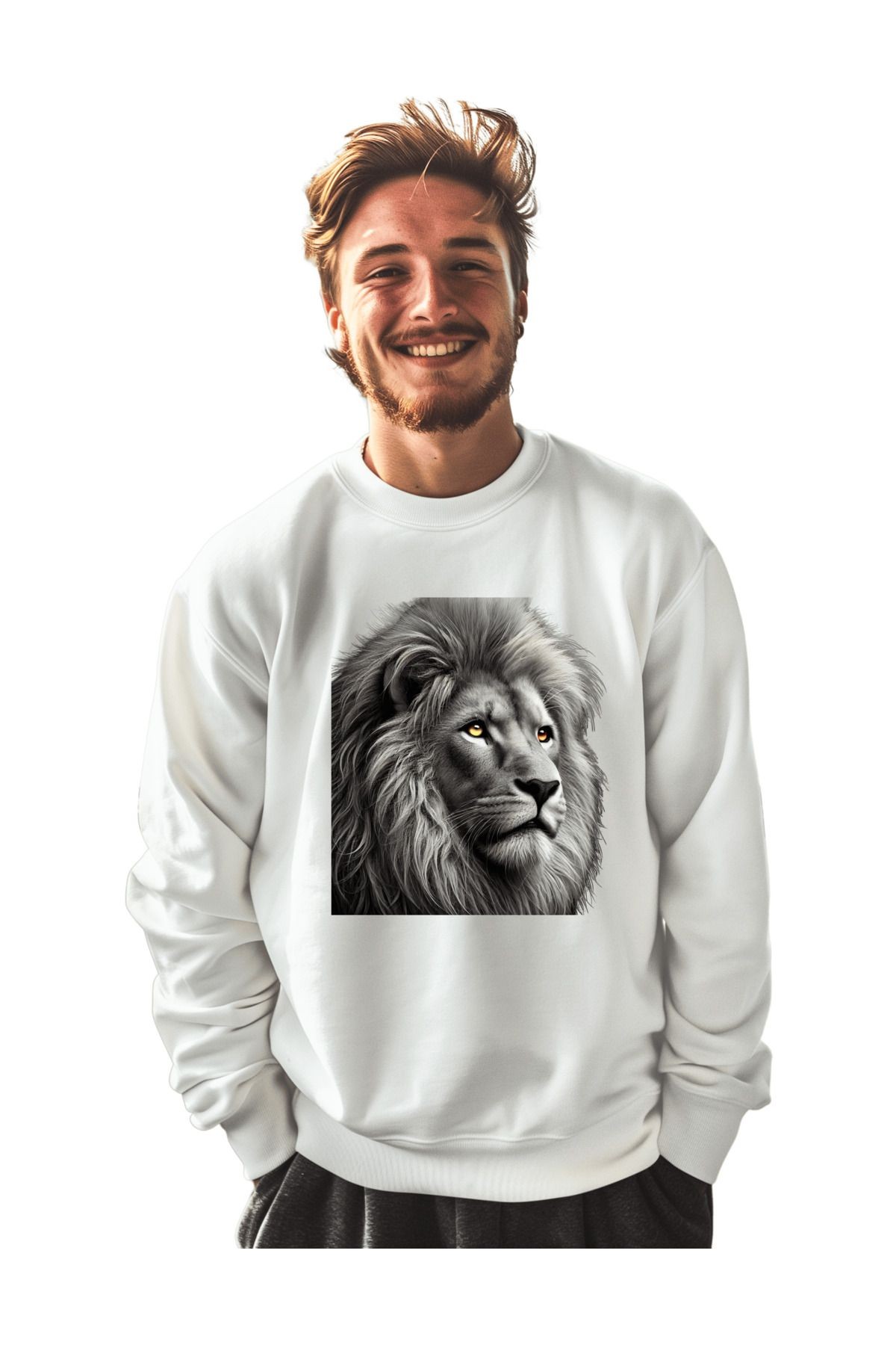 - Dtf Baskılı 3 Iplik Şardonlu Oversize Sweatshirt - Sarı Kırmızı Aslan Temalı image